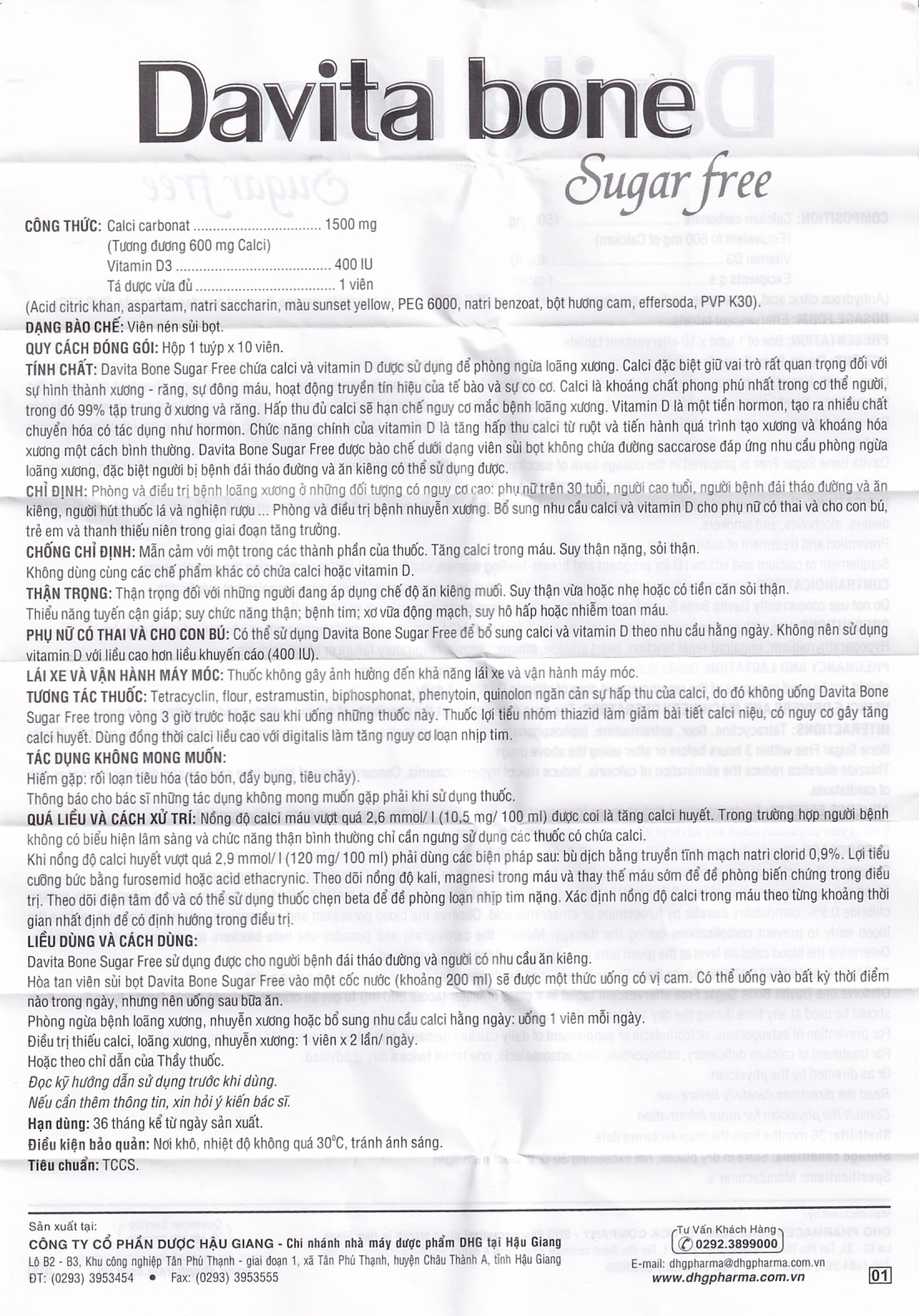 Viên sủi Davita Bone Sugar Free DHG phòng ngừa và điều trị loãng xương (10 viên)