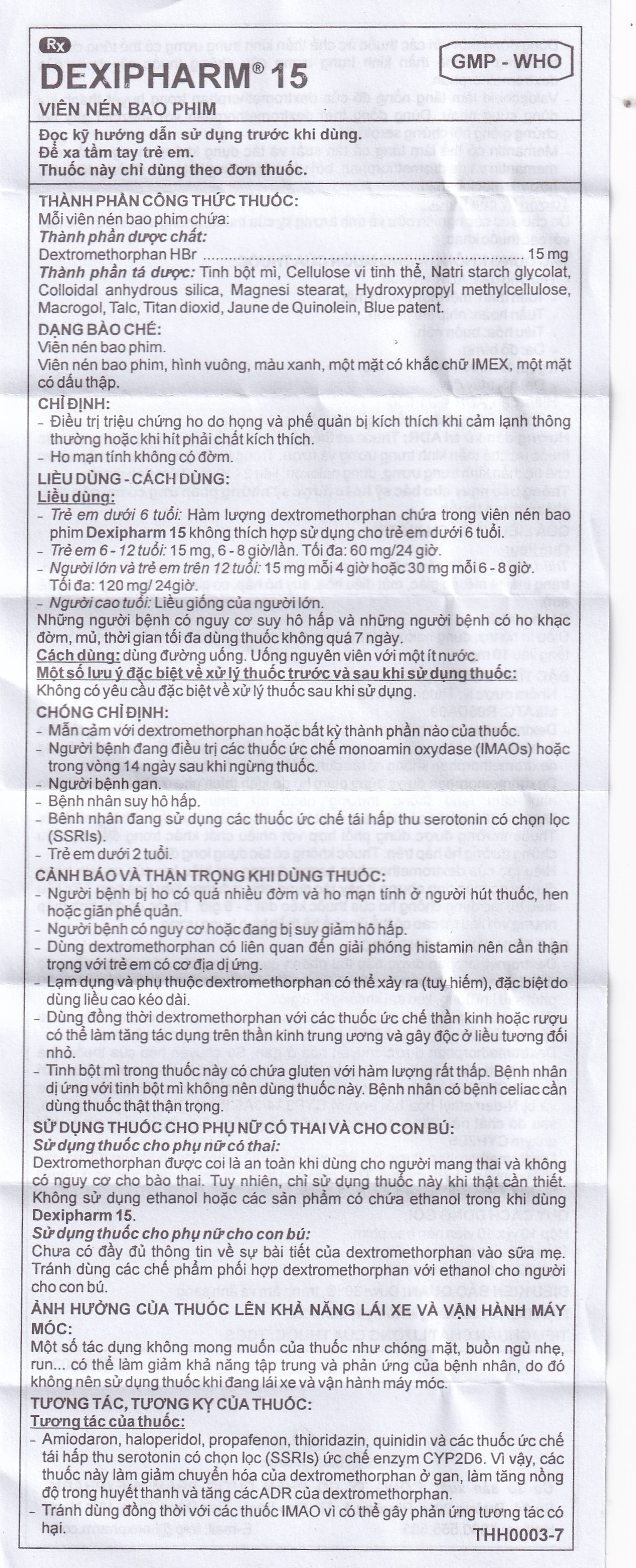 Thuốc Dexipharm 15mg Imexpharm điều trị triệu chứng ho (10 vỉ x 10 viên)