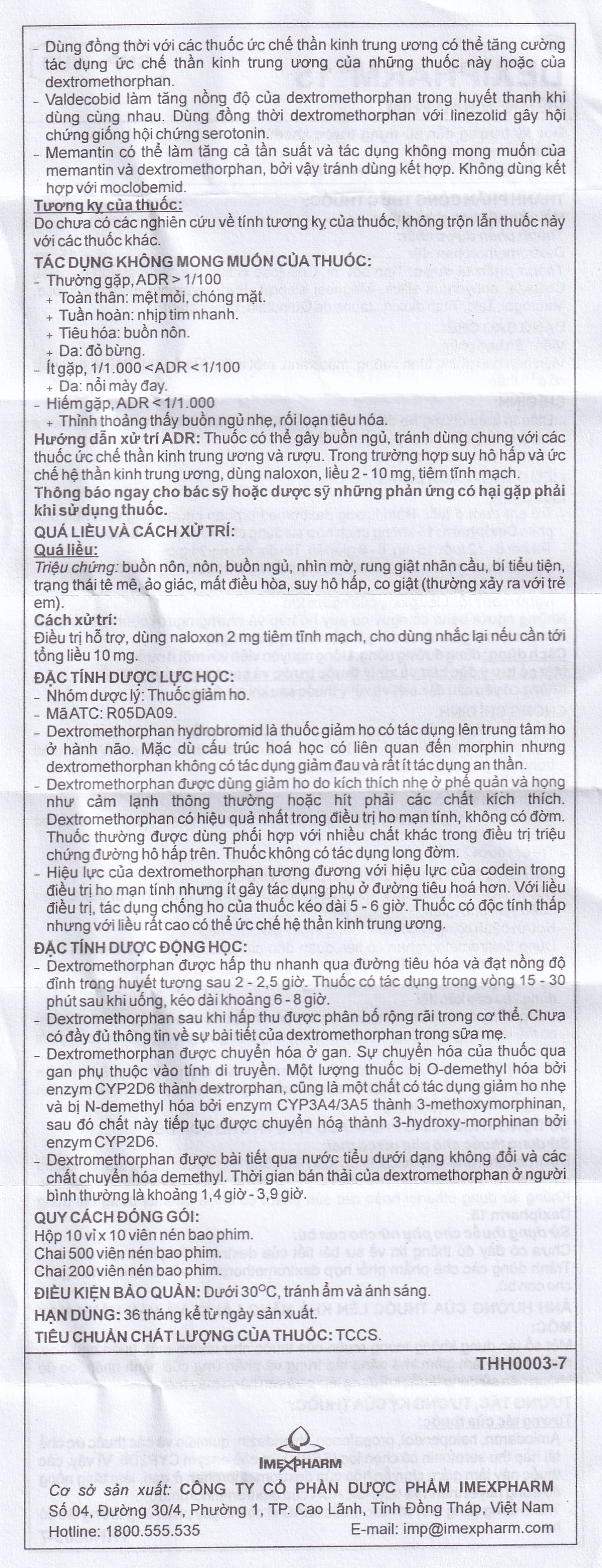Thuốc Dexipharm 15mg Imexpharm điều trị triệu chứng ho (10 vỉ x 10 viên)