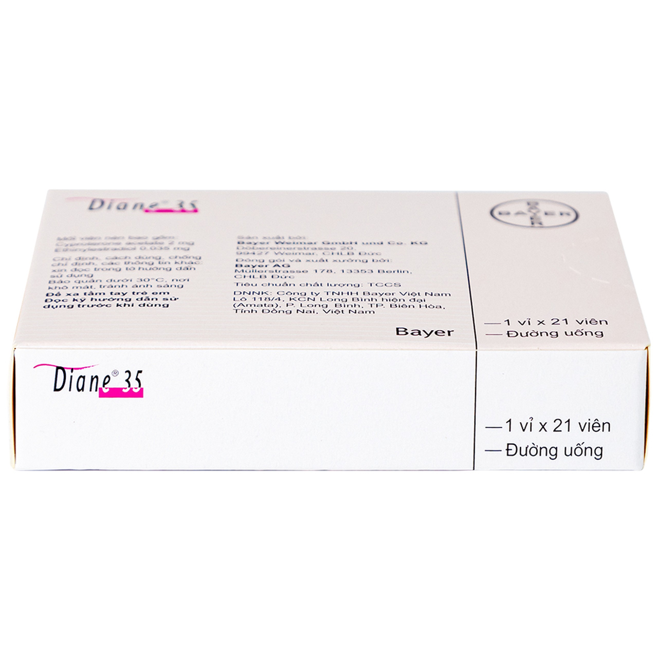 Thuốc Diane 35 Bayer điều trị mụn trứng cá mức độ vừa đến nặng và tác dụng tránh thai hormon (1 vỉ x 21 viên)