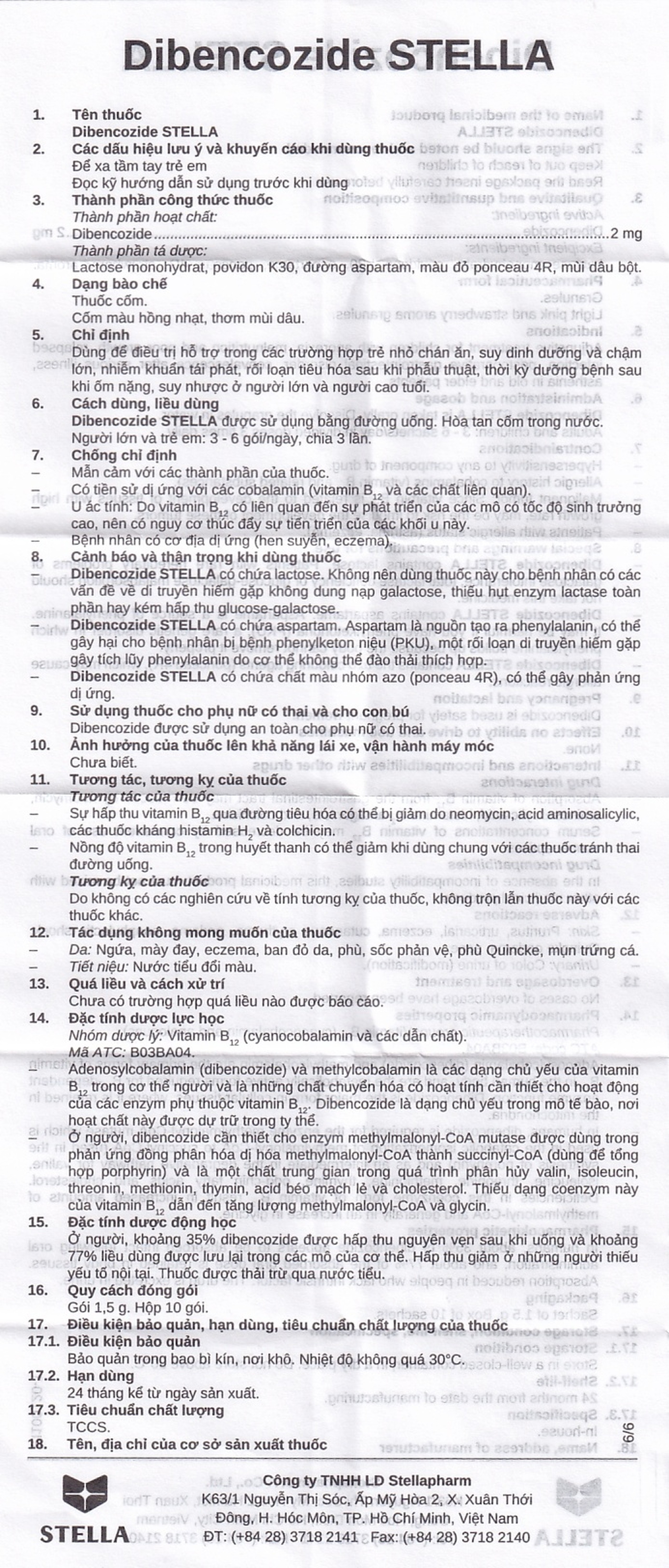Thuốc cốm Dibencozide Stella 2mg điều trị hỗ trợ chán ăn, suy dinh dưỡng, chậm lớn (10 gói x 1.5g)