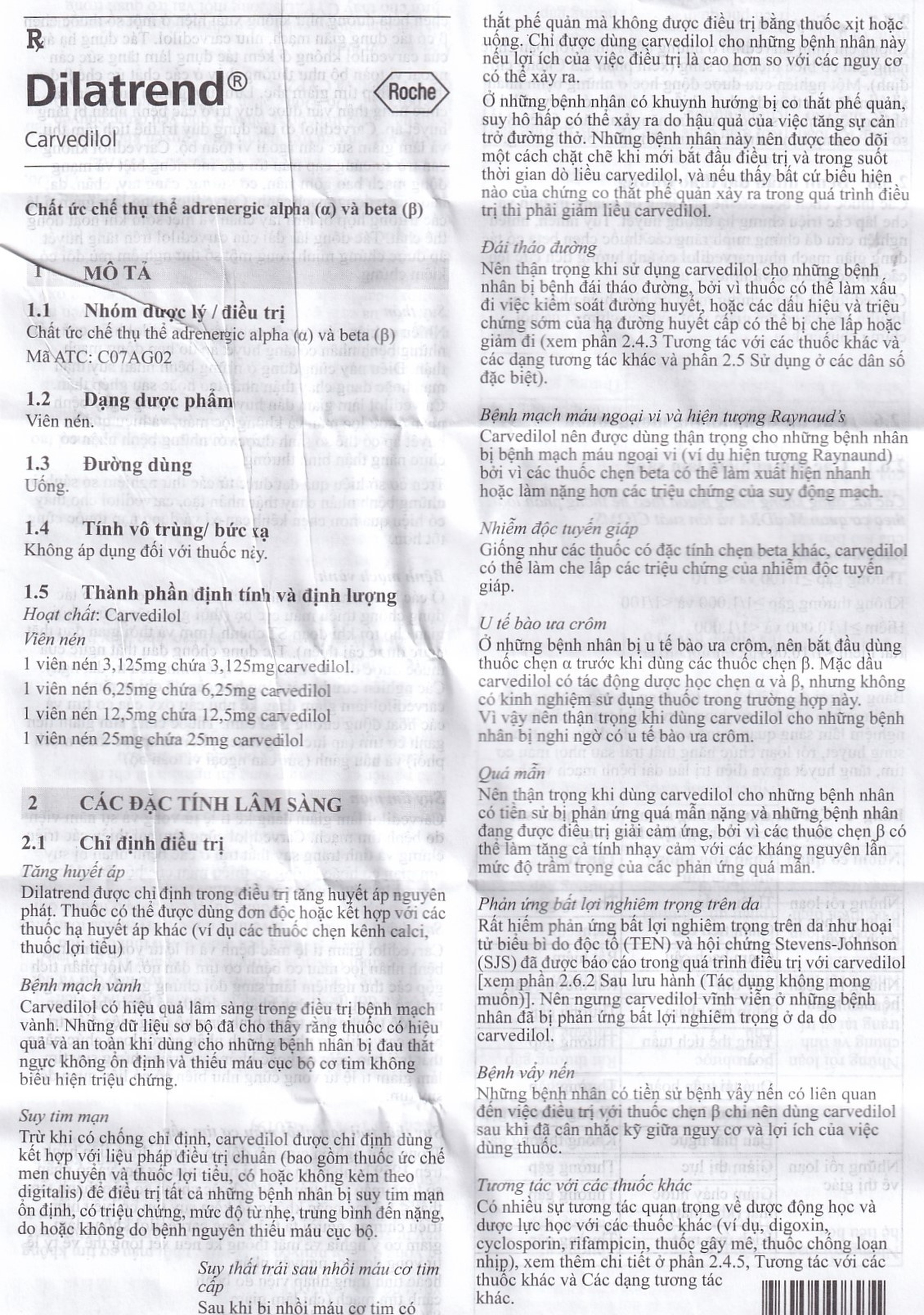 Thuốc Dilatrend Roche điều trị tăng huyết áp, bệnh mạch vành, suy tim mạn, suy thất trái (3 vỉ x 10 viên)
