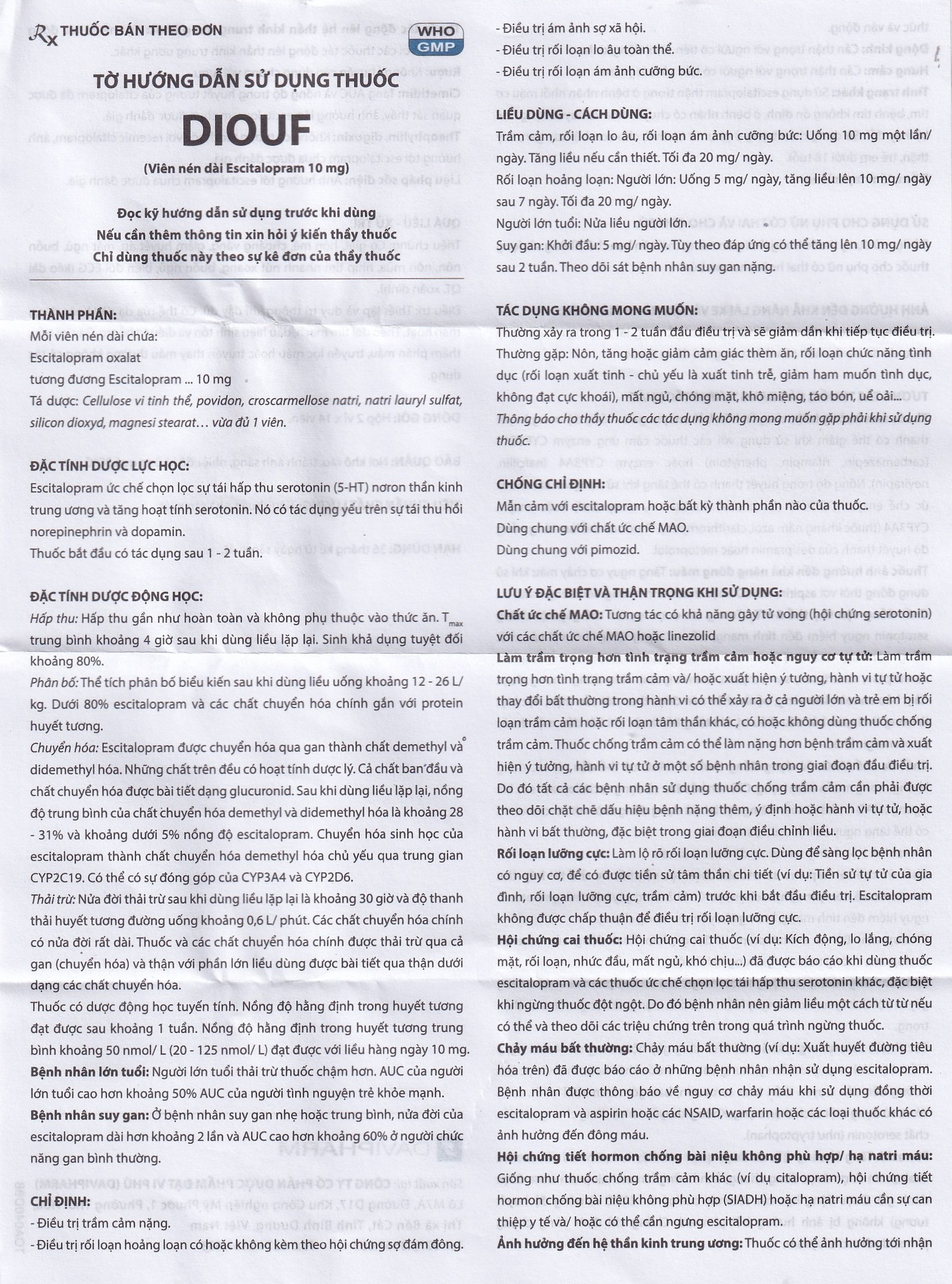 Thuốc Diouf Davipharm điều trị trầm cảm nặng, rối loạn hoảng loạn (2 vỉ x 14 viên)