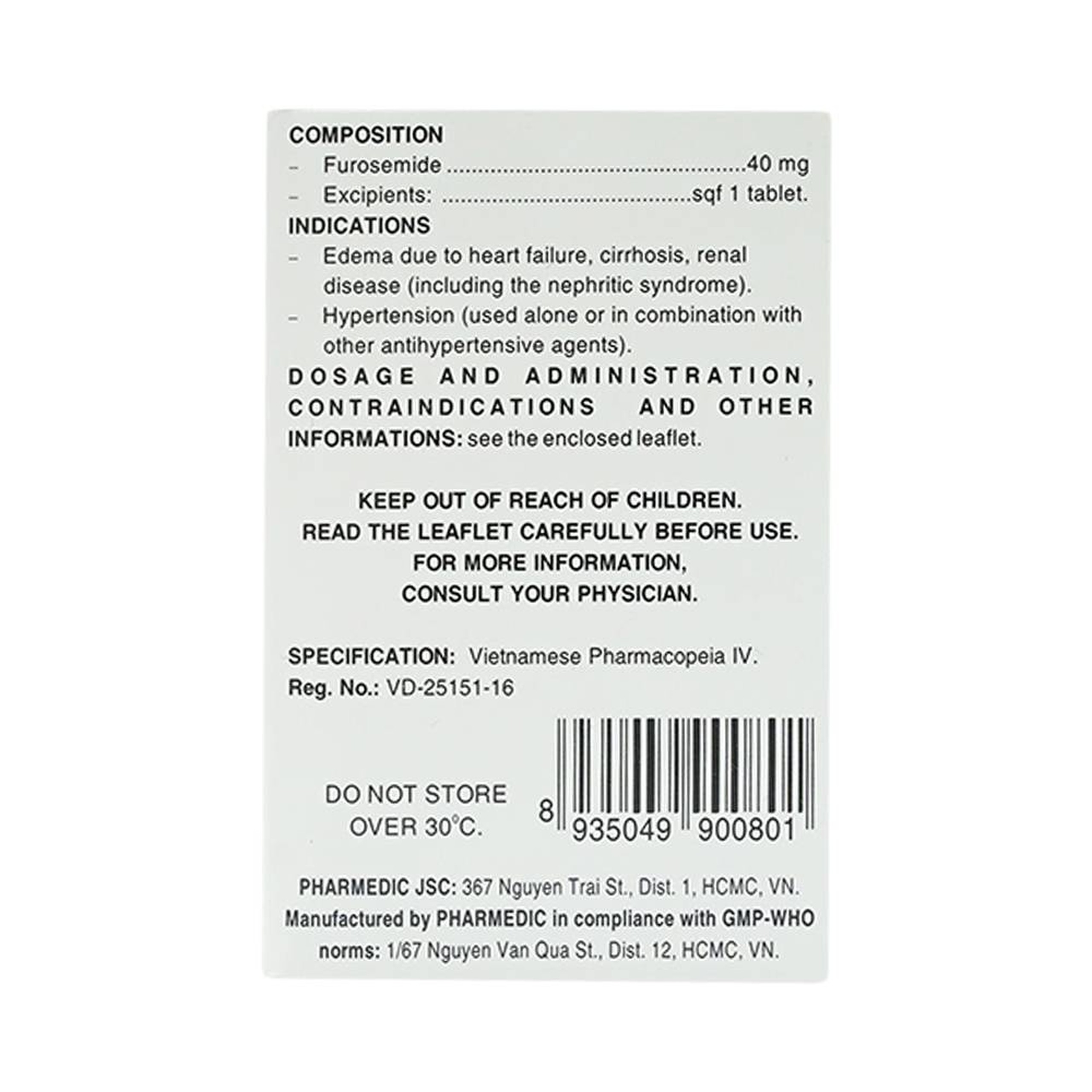 Thuốc Diurefar 40 Pharmedic điều trị tăng huyết áp, phù do suy tim, xơ gan, bệnh thận (10 vỉ x 12 viên)