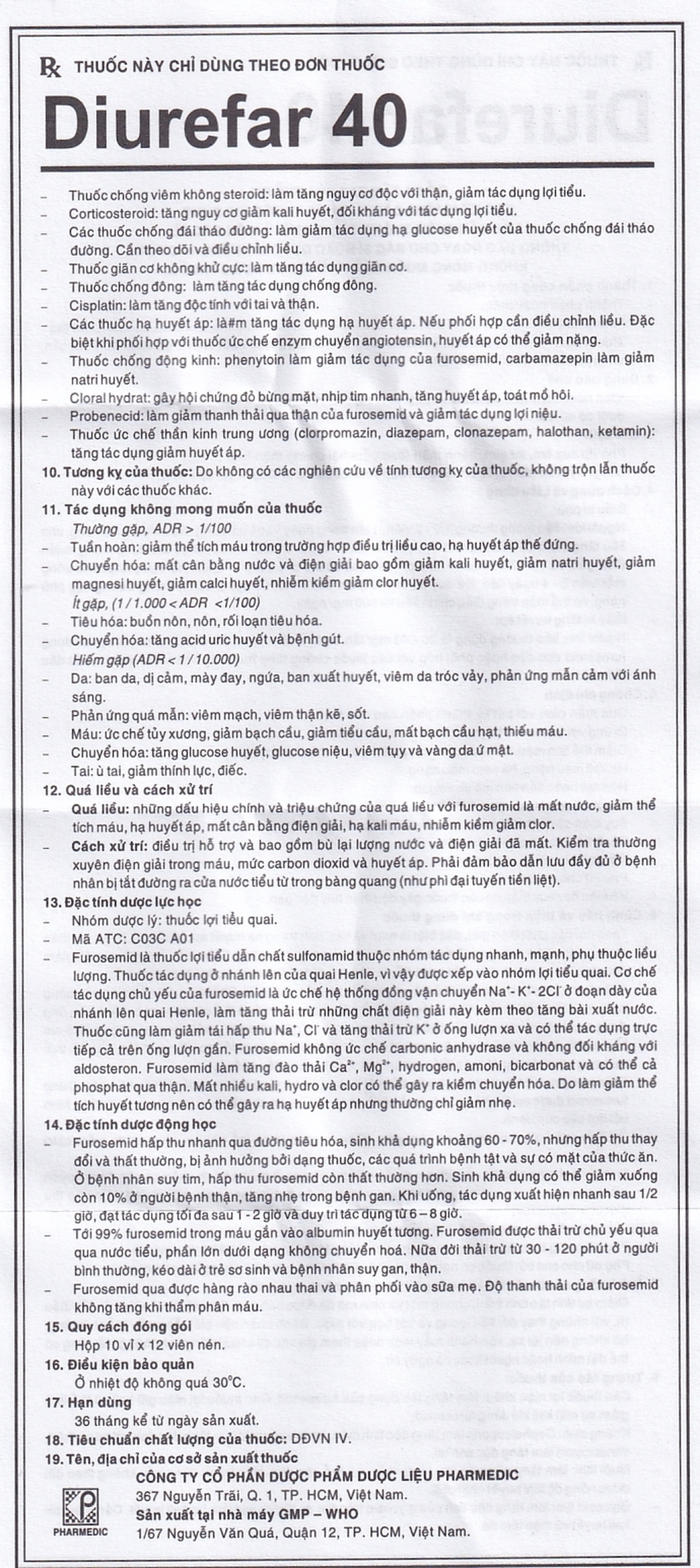 Thuốc Diurefar 40 Pharmedic điều trị tăng huyết áp, phù do suy tim, xơ gan, bệnh thận (10 vỉ x 12 viên)