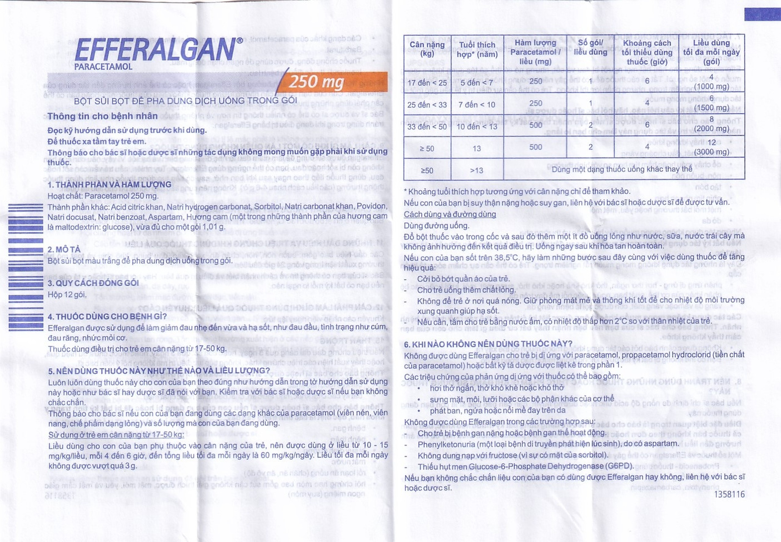 Bột sủi Efferalgan 250mg UPSA SAS giảm đau, hạ sốt (12 gói)