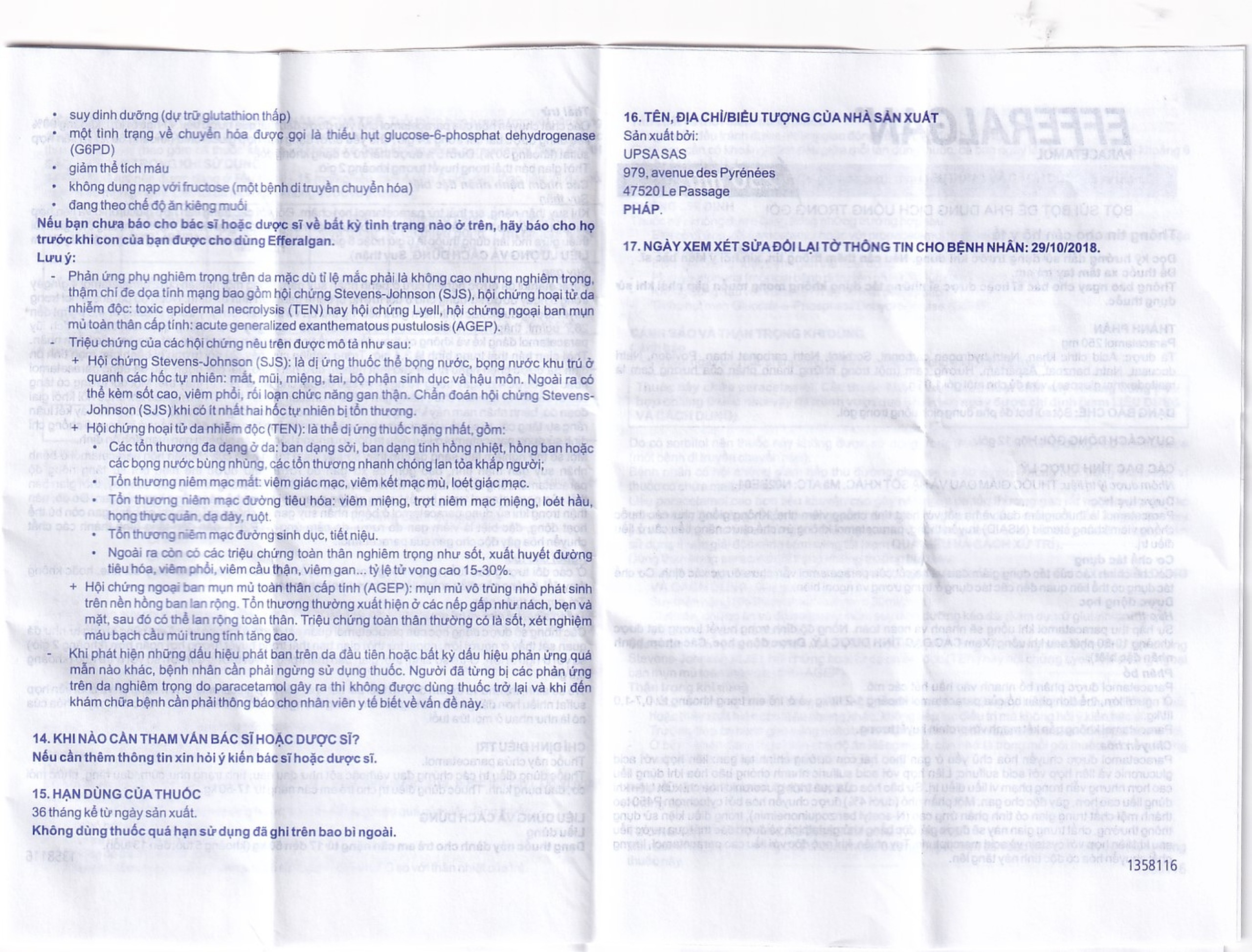 Bột sủi Efferalgan 250mg UPSA SAS giảm đau, hạ sốt (12 gói)