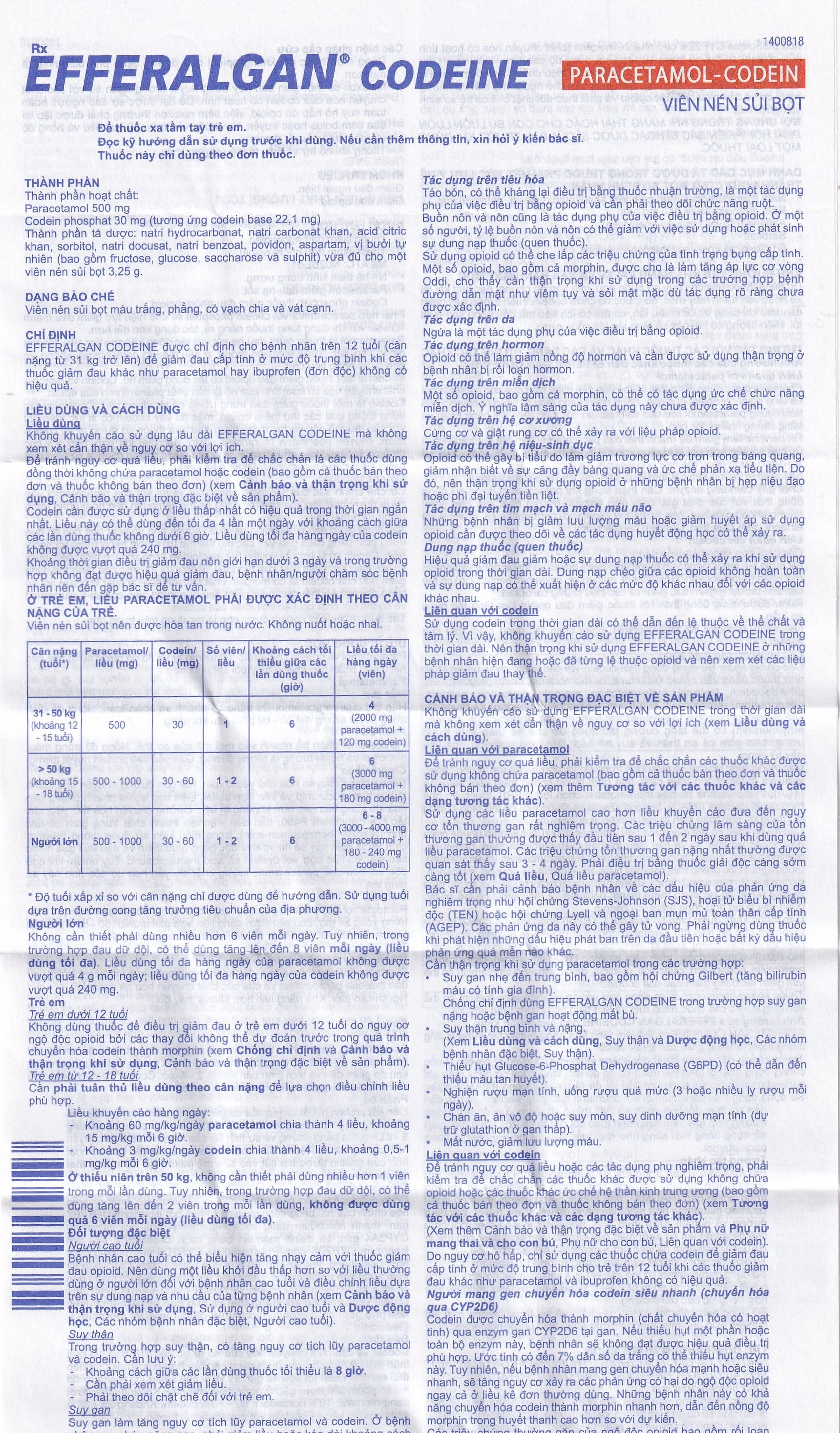Viên sủi Efferalgan Codeine giảm đau cấp tính mức độ trung bình (10 vỉ x 4 viên)