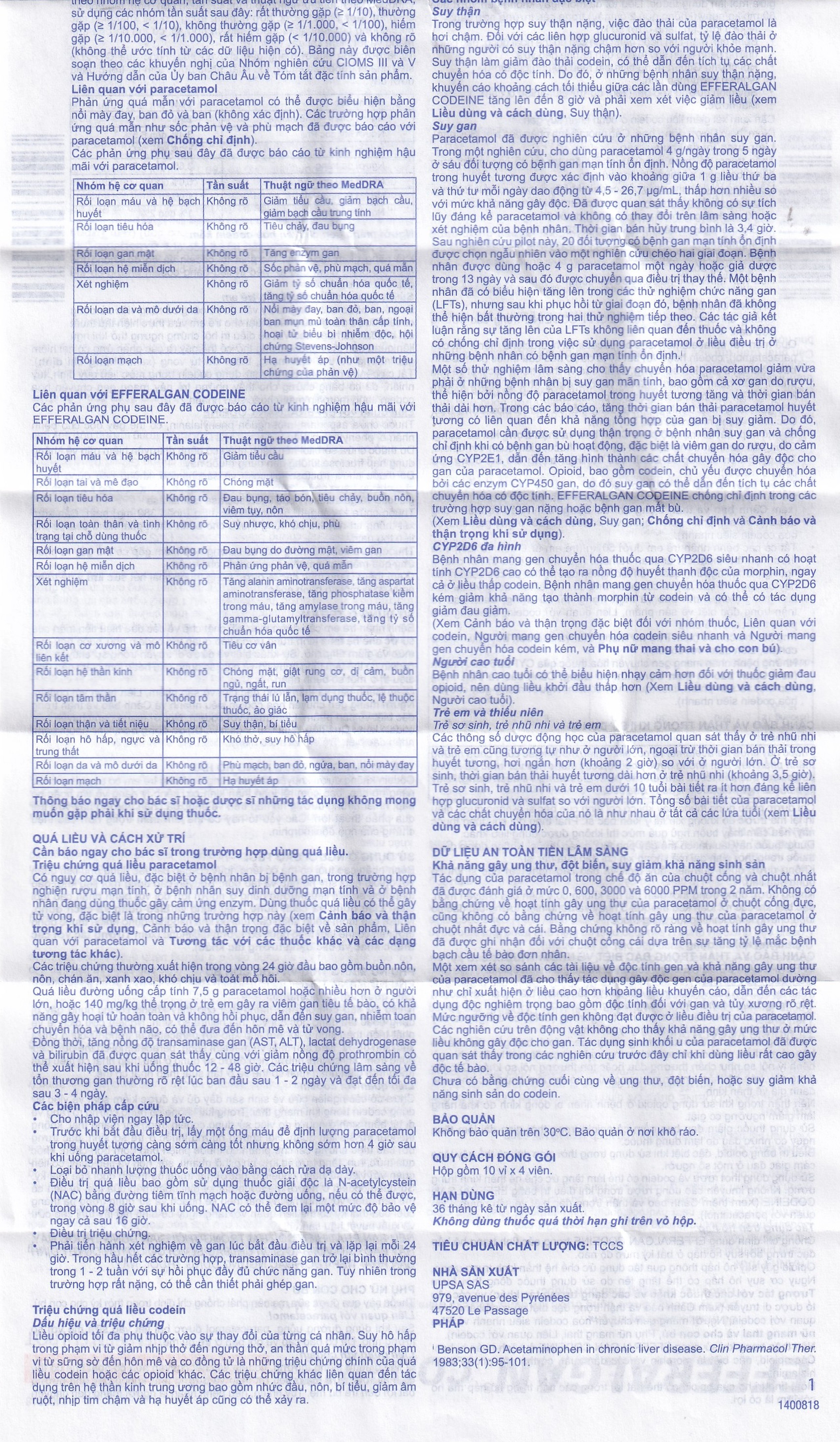 Viên sủi Efferalgan Codeine giảm đau cấp tính mức độ trung bình (10 vỉ x 4 viên)