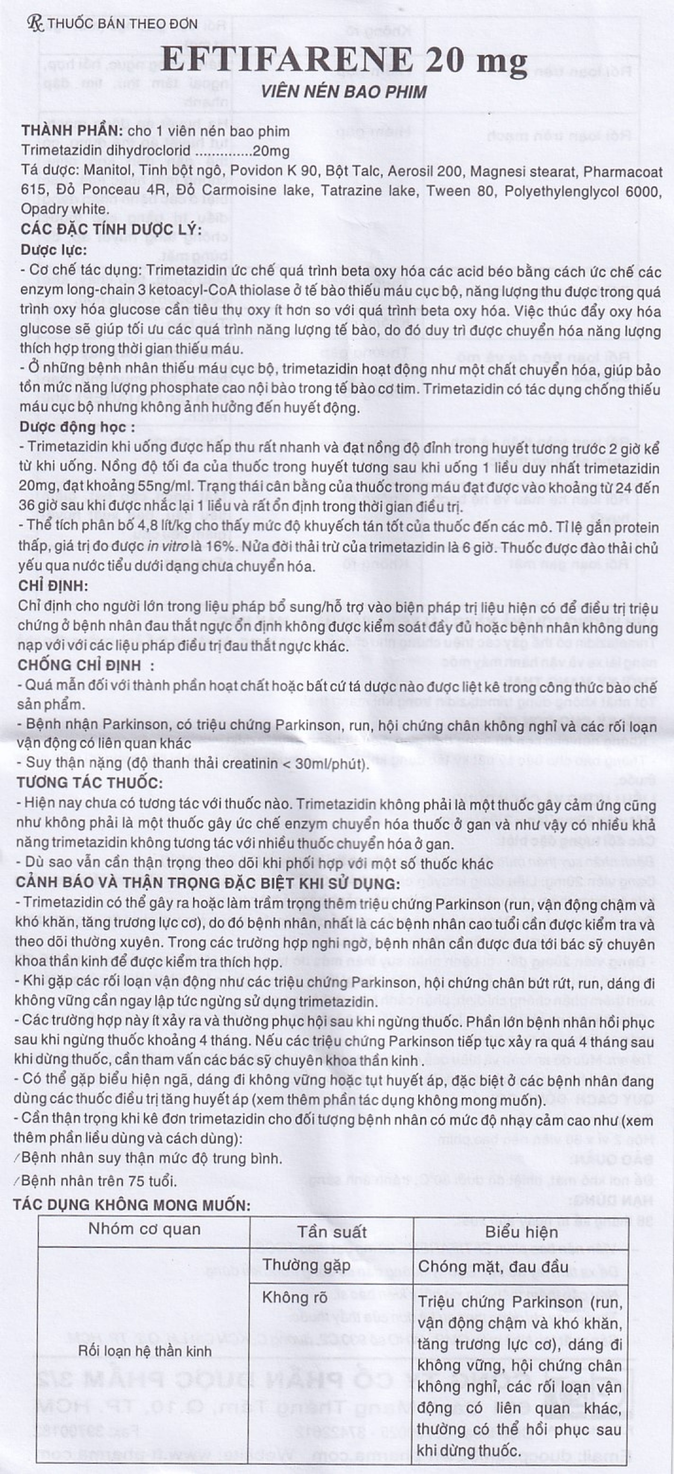 Thuốc Eftifarene Dược 3-2 hỗ trợ điều trị đau thắt ngực ổn định (2 vỉ x 30 viên)