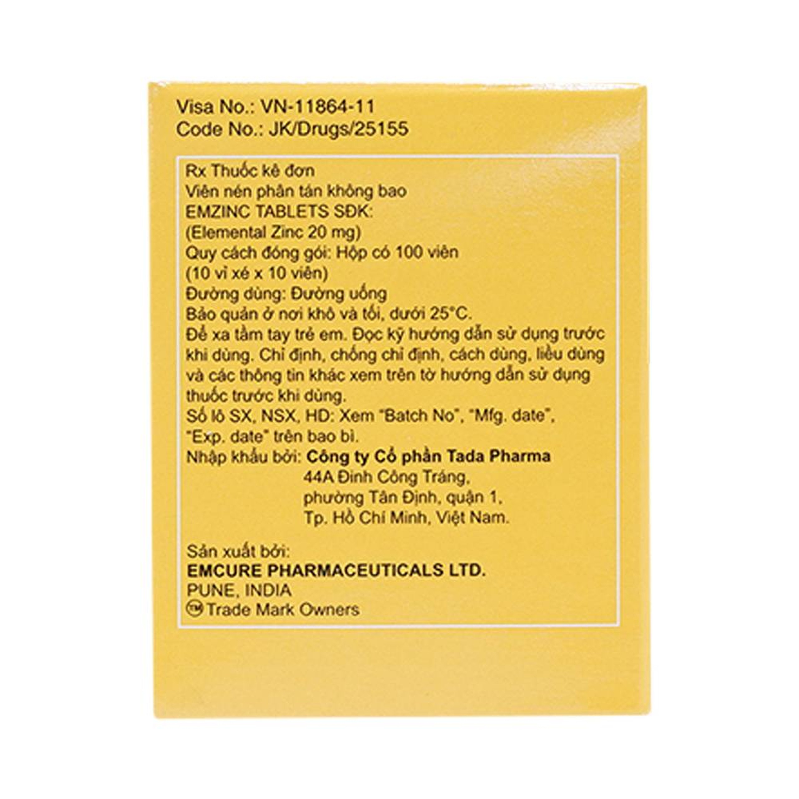 Thuốc Emzinc Emcure bổ sung kẽm, trị tiêu chảy (10 vỉ x 10 viên)
