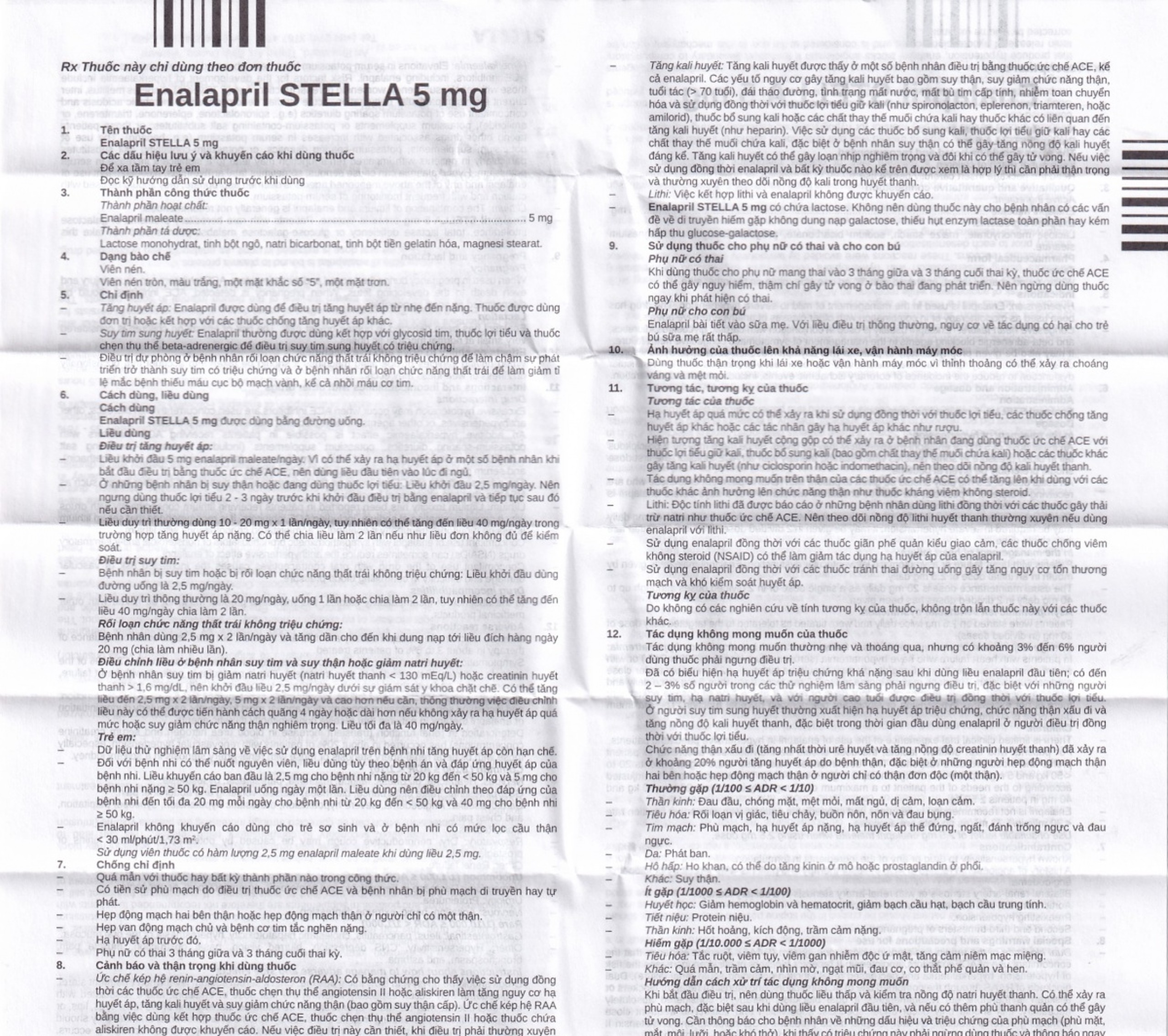 Thuốc Enalapril Stella 5mg điều trị tăng huyết áp, suy tim sung huyết (3 vỉ x 10 viên)