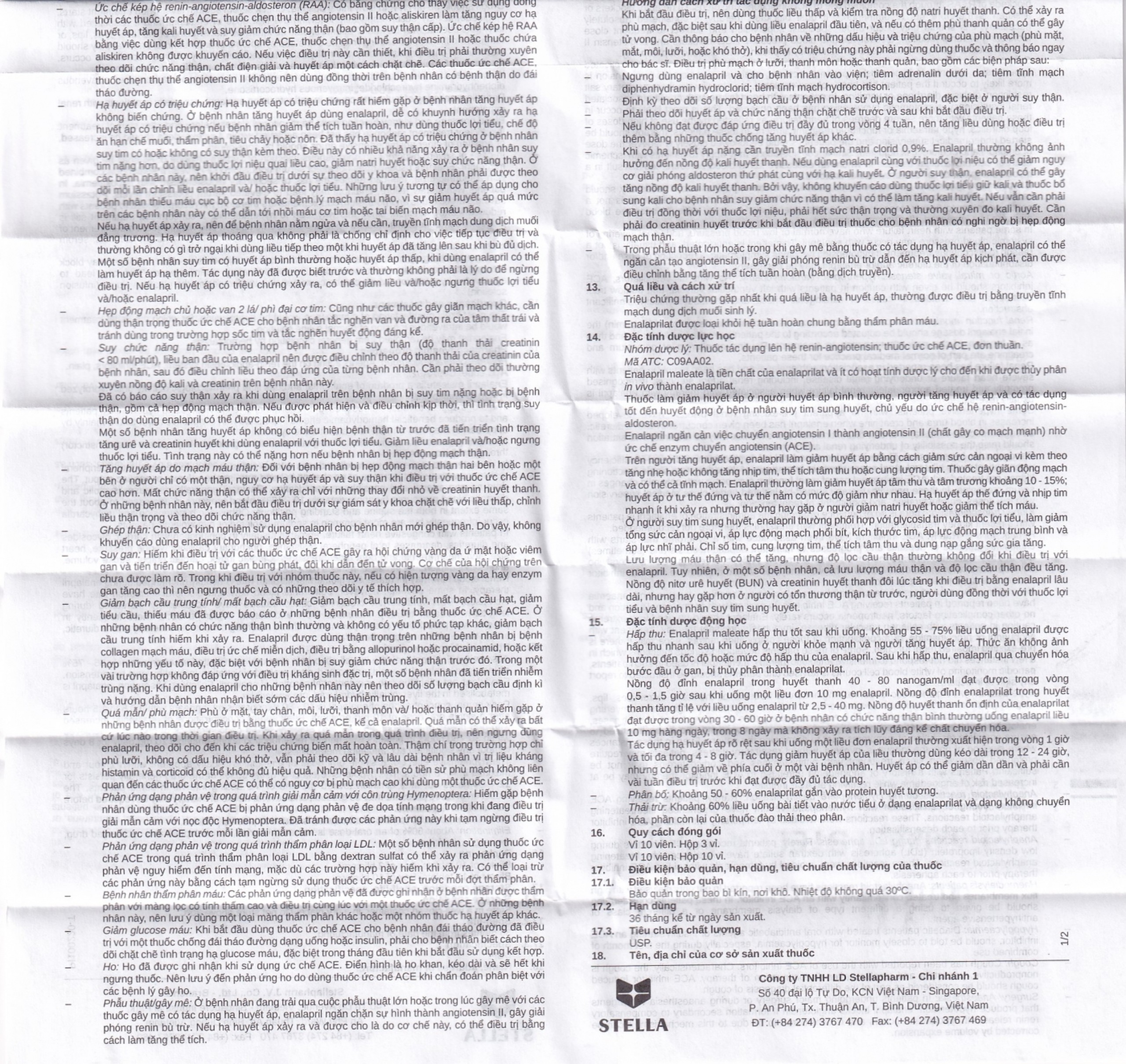 Thuốc Enalapril Stella 5mg điều trị tăng huyết áp, suy tim sung huyết (3 vỉ x 10 viên)