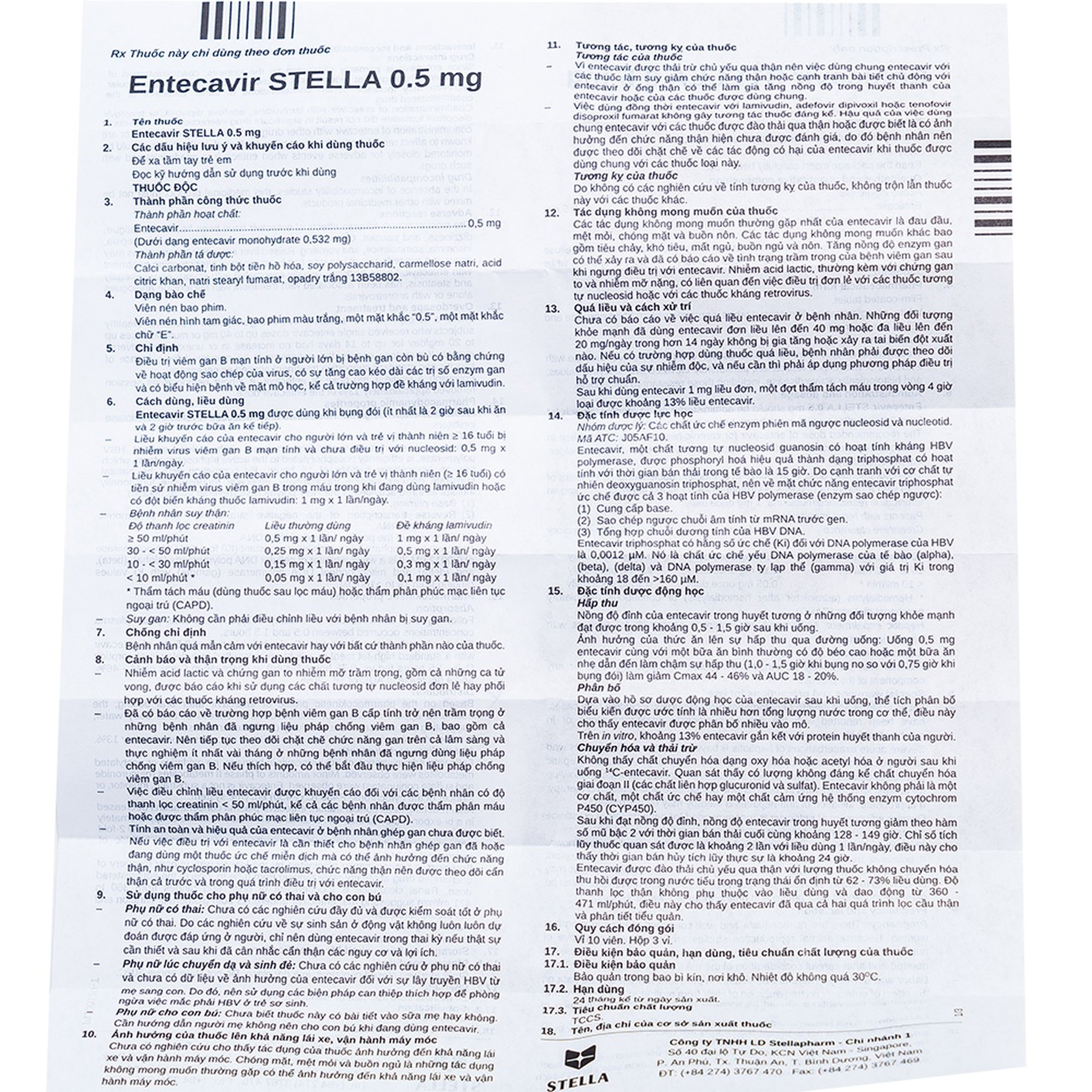 Thuốc Entecavir Stella 0.5mg điều trị viêm gan B mạn tính (3 vỉ x 10 viên)