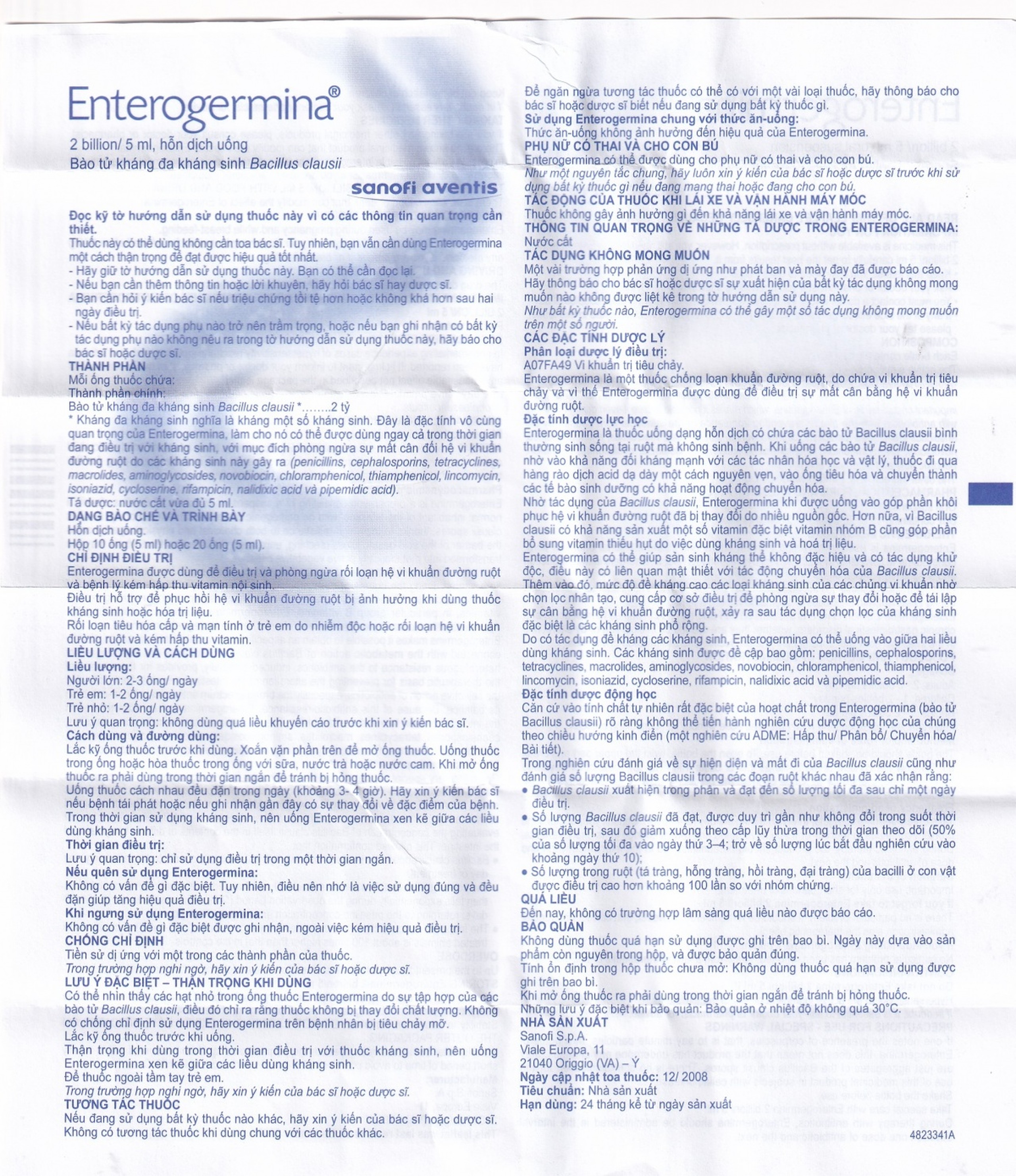 Hỗn dịch uống men vi sinh Enterogermina 2 tỷ/5ml điều trị rối loạn tiêu hóa (2 vỉ x 10 ống)