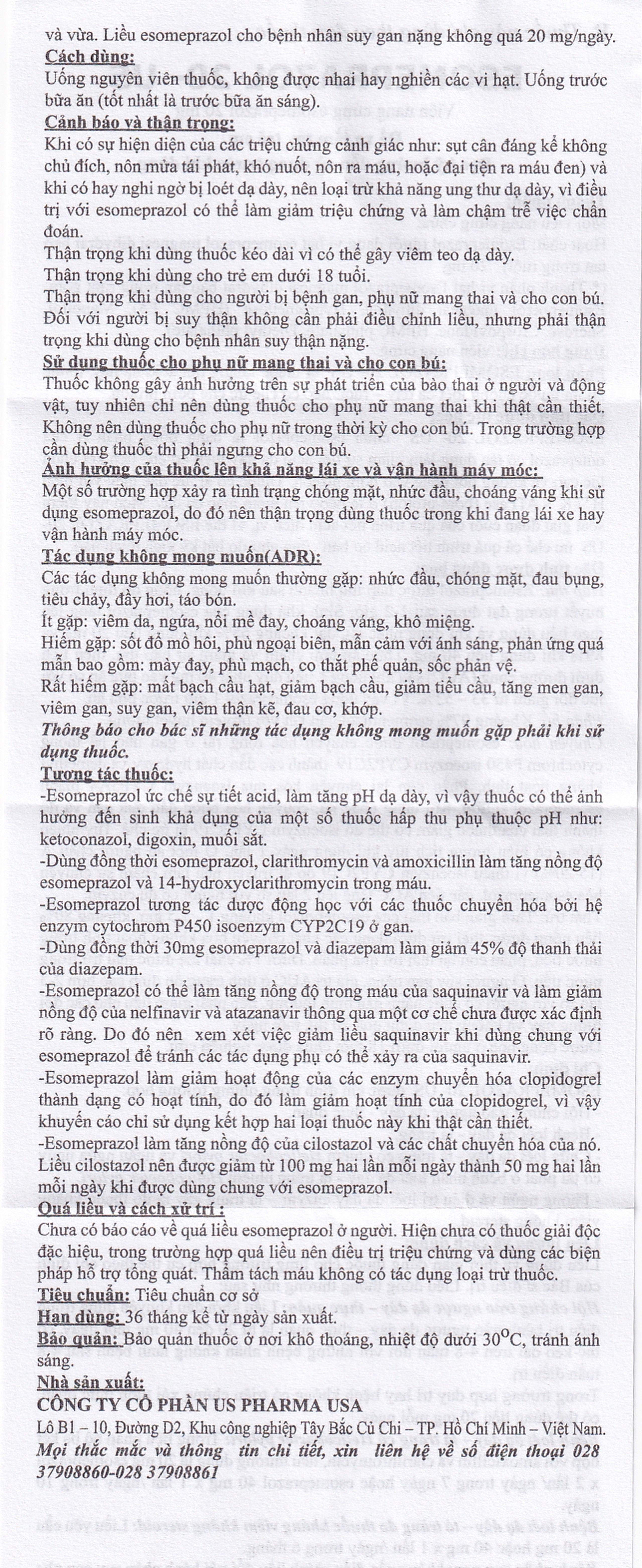 Thuốc Esomeprazol 20-US điều trị trào ngược dạ dày (3 vỉ x 10 viên)