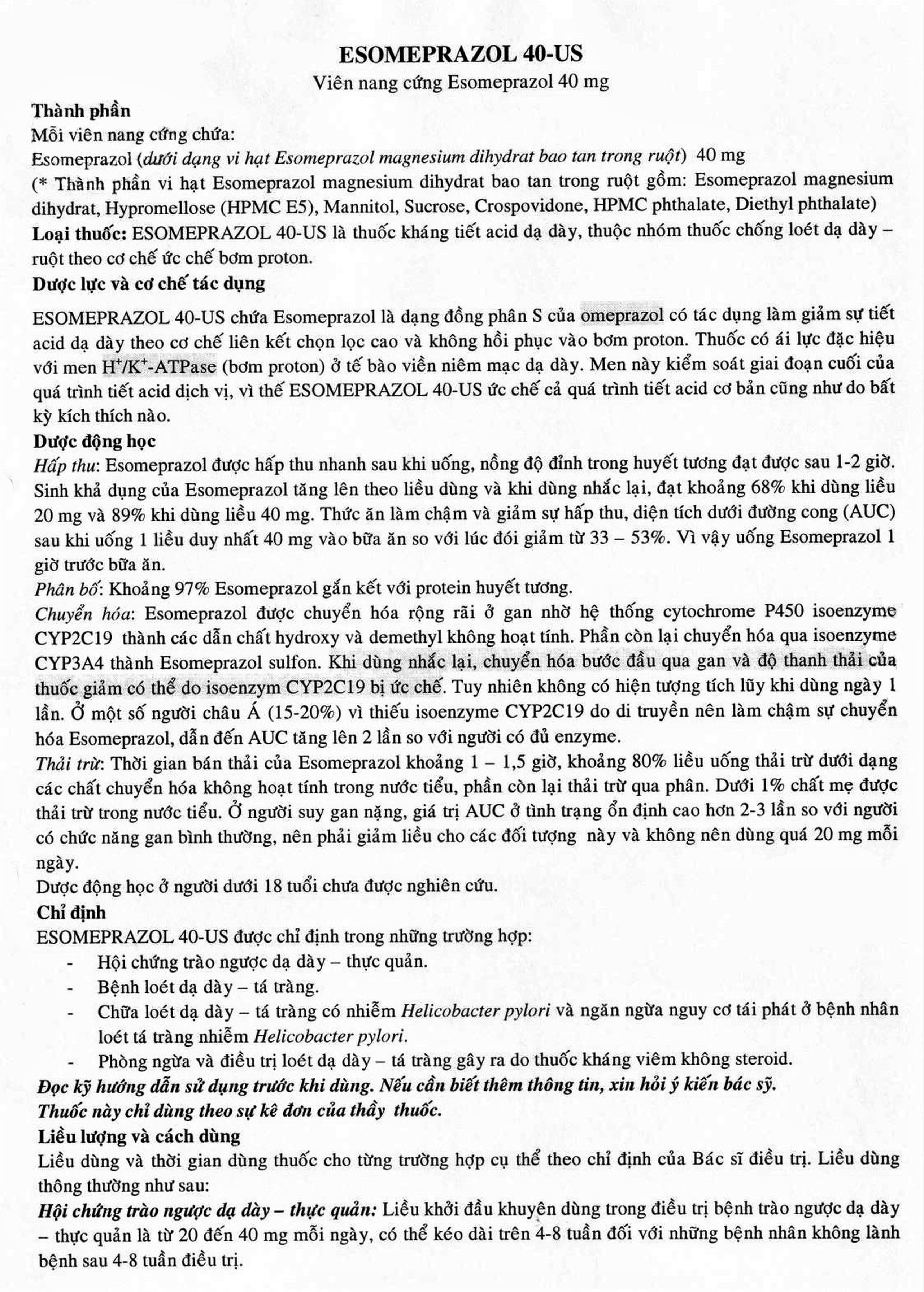 Thuốc Esomeprazol 40-US điều trị trào ngược dạ dày, thực quản (3 vỉ x 10 viên)