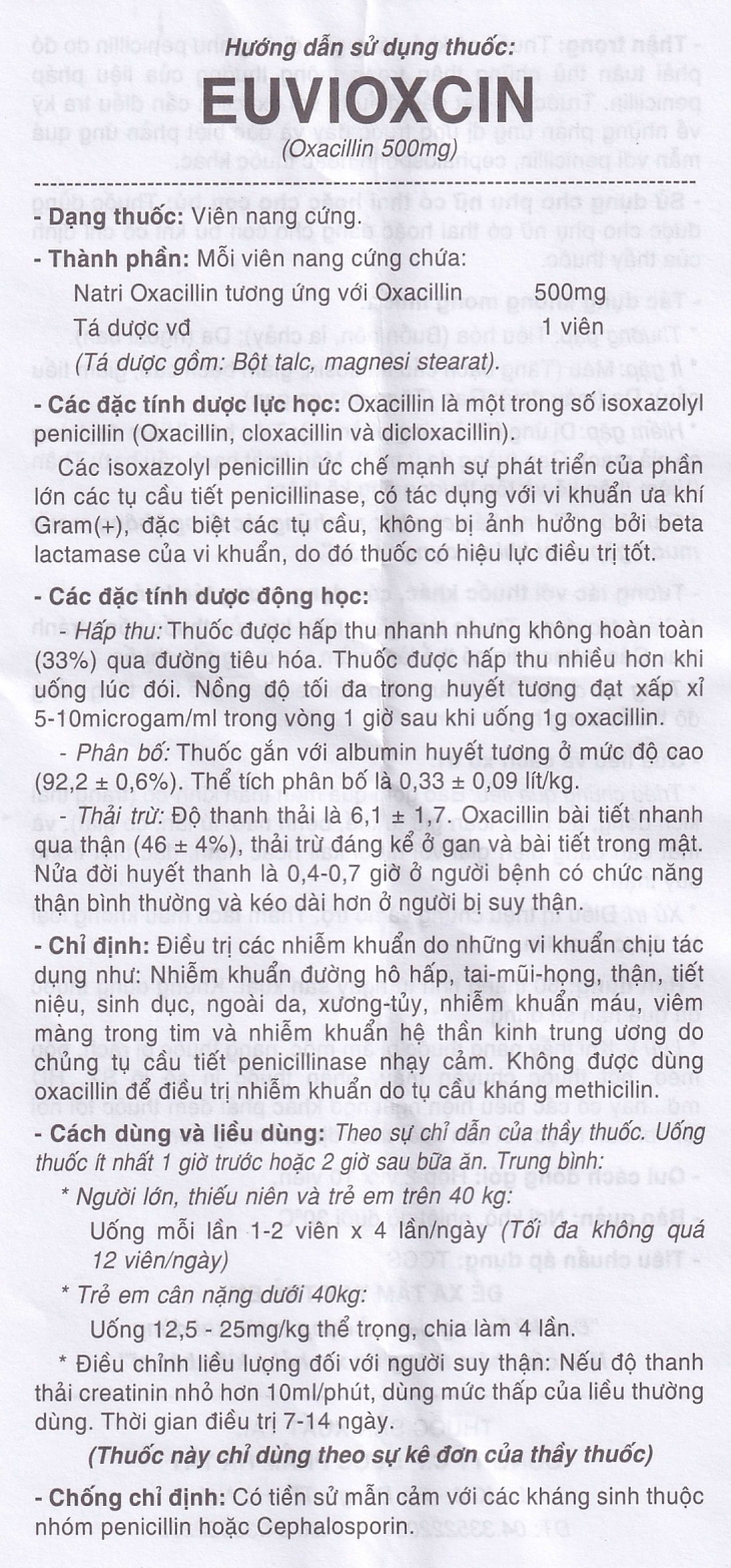 Thuốc Euvioxcin 500mg Hà Tây điều trị nhiễm khuẩn đường hô hấp (2 vỉ x 10 viên)