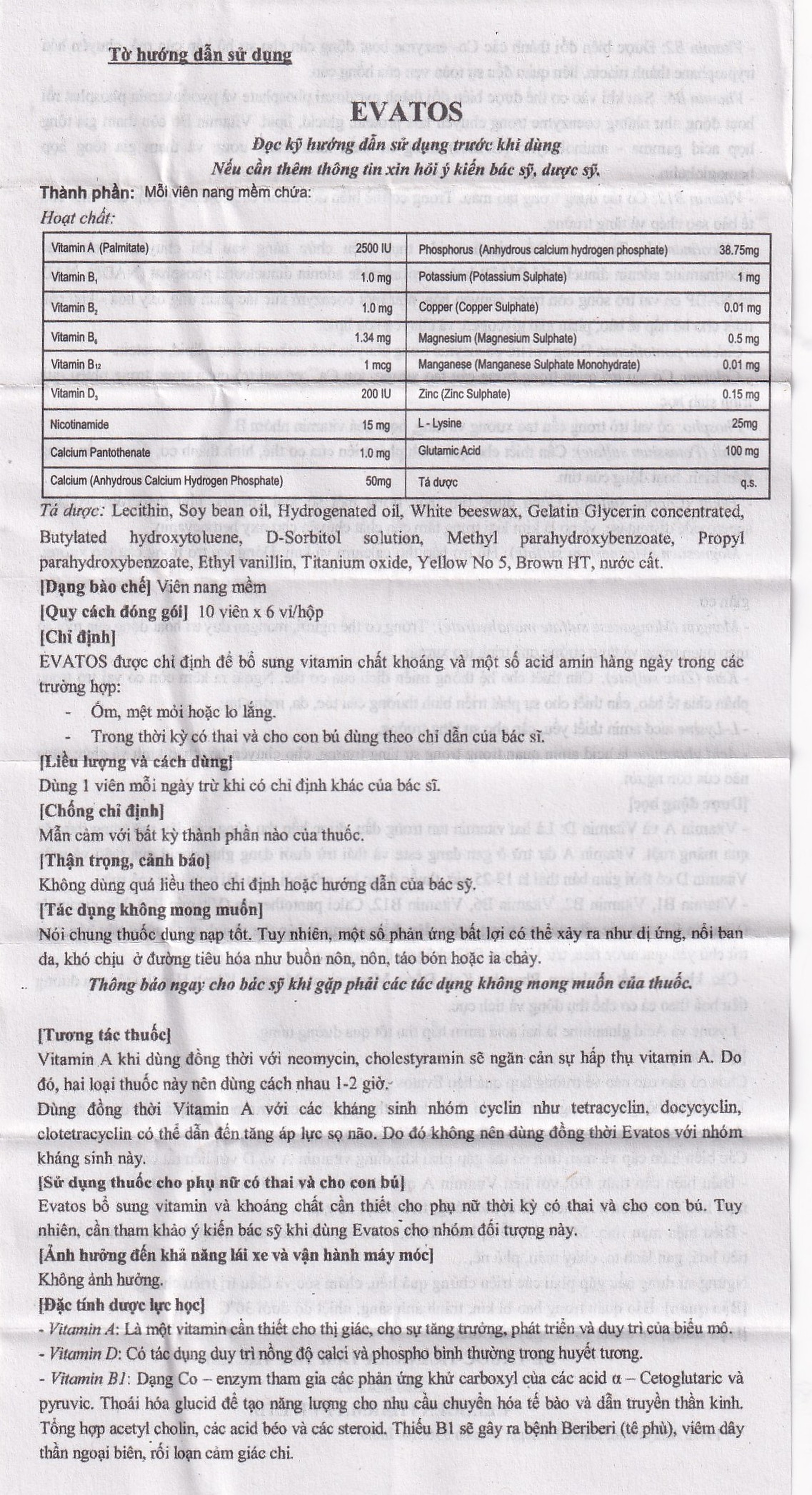 Thuốc Evatos Celogen Pharma bổ sung Vitamin, chất khoáng và một số acid amin (6 vỉ x 10 viên)