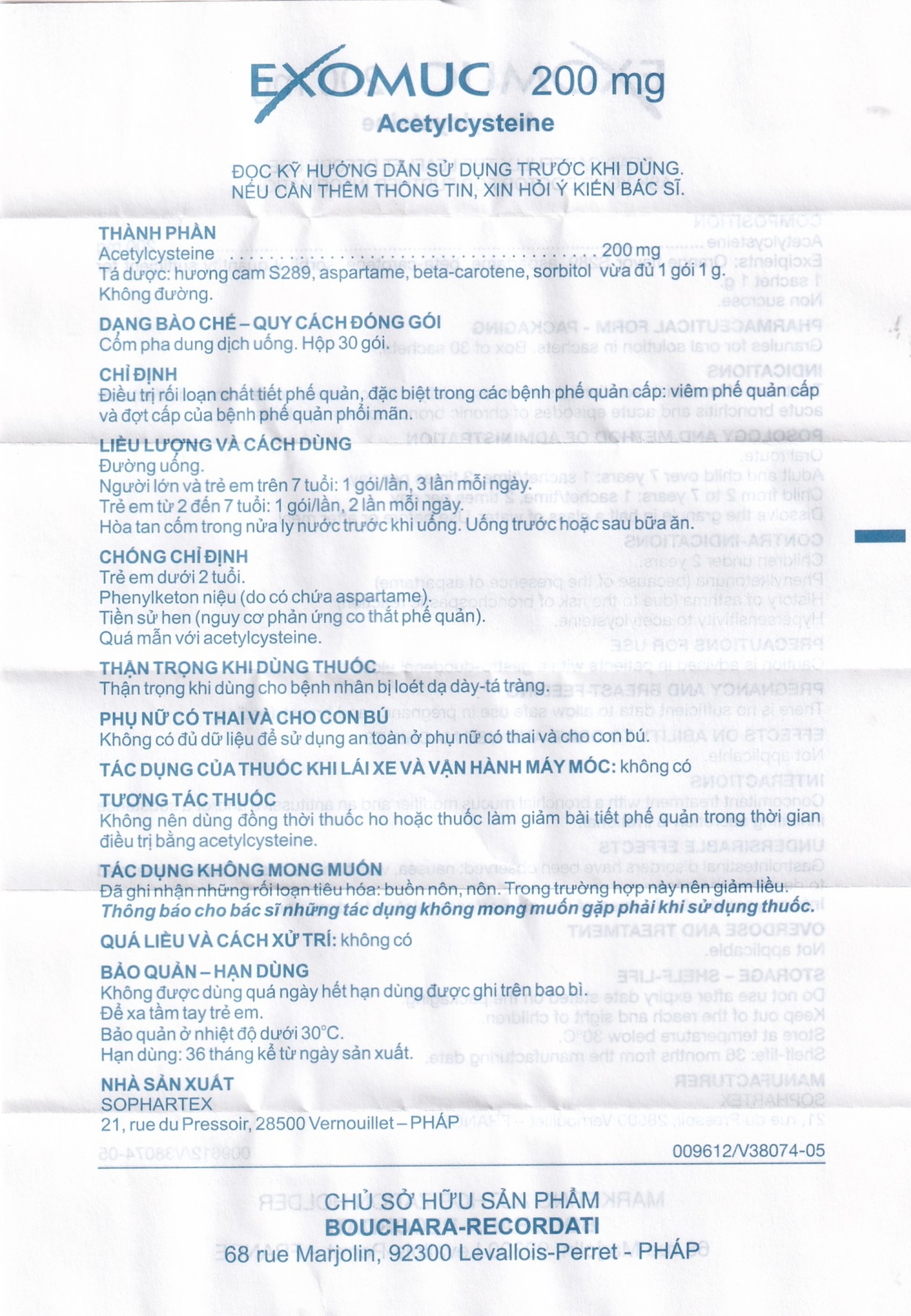 Cốm Exomuc Bouchara điều trị rối loạn chất tiết phế quản (30 gói)