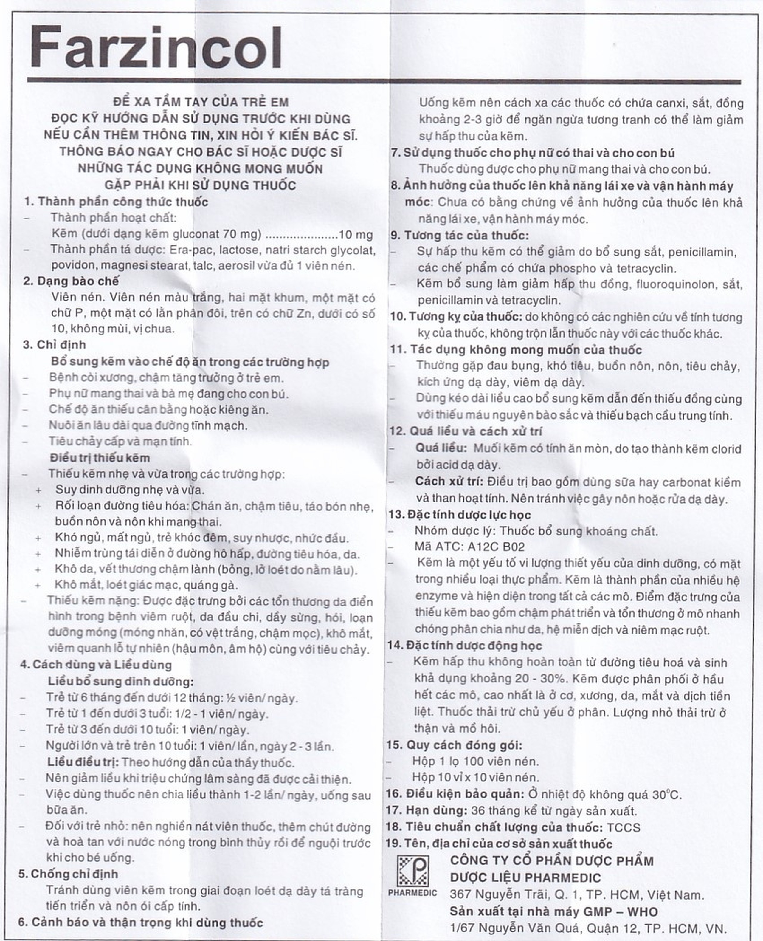 Thuốc Farzincol Pharmedic điều trị thiếu kẽm (10 vỉ x 10 viên)