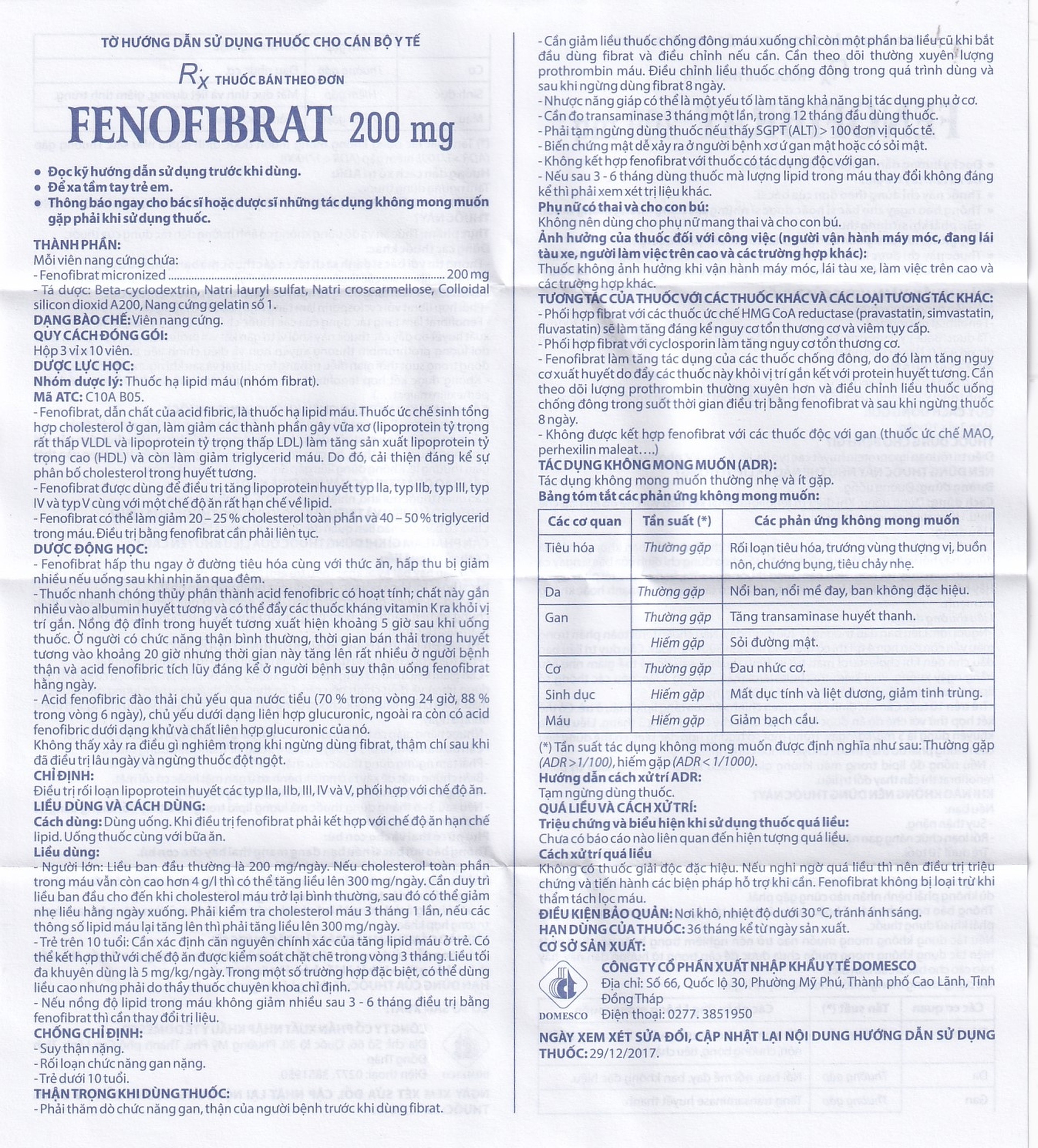 Thuốc Fenofibrate 200mg Domesco điều trị rối loạn lipoprotein huyết (3 vỉ x 10 viên)