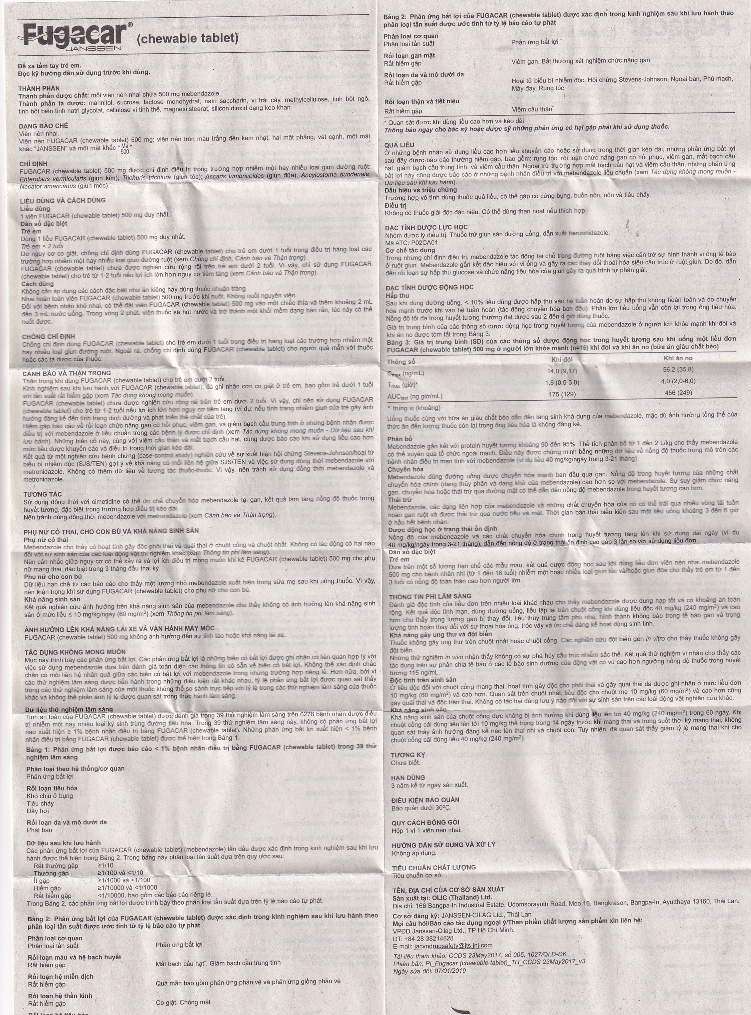 Thuốc Fugacar Janssen hương trái cây điều trị nhiễm một hay nhiều loại giun đường ruột (1 viên)