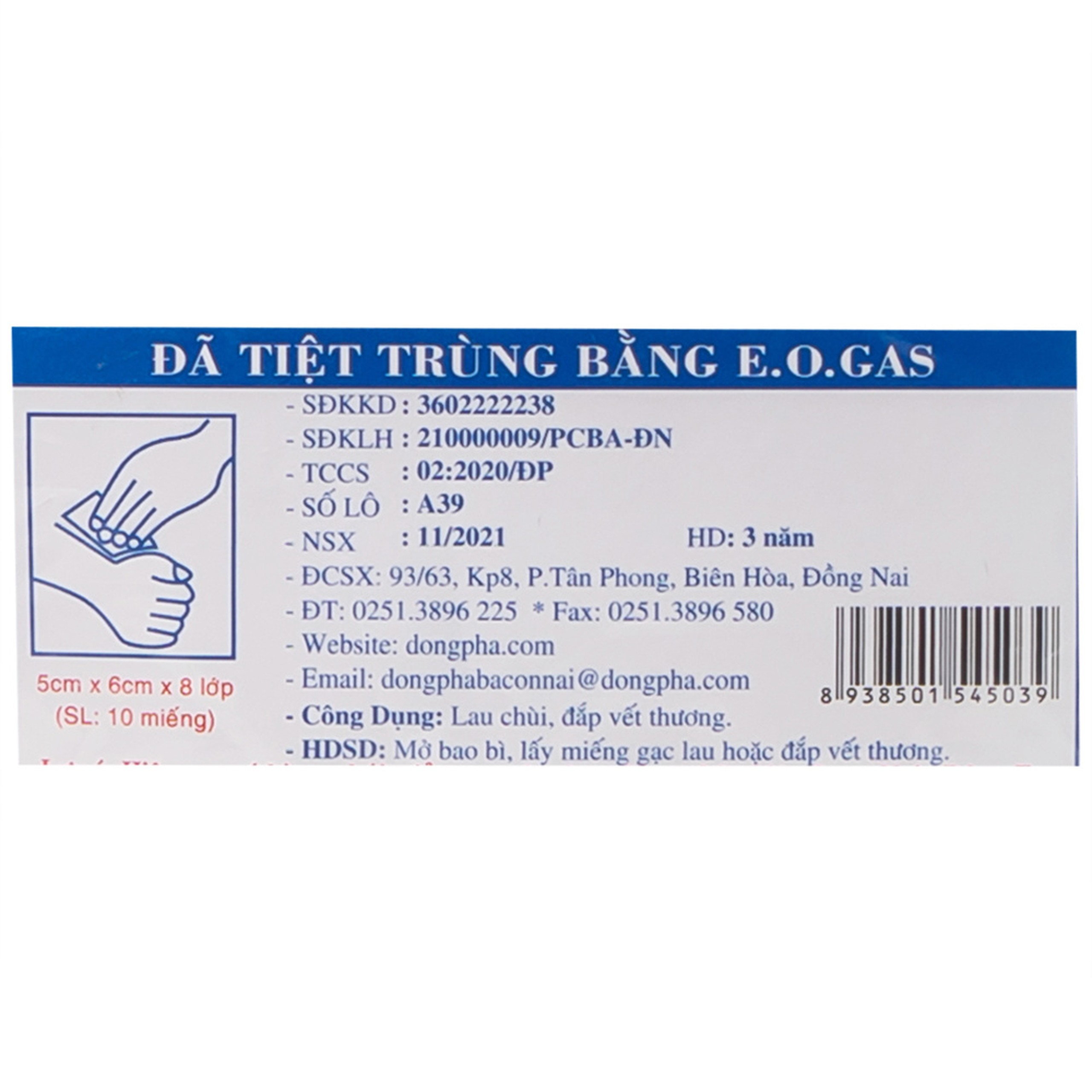 Gạc tiệt trùng Đông Pha nhỏ 5x6x8cm (10 miếng) sơ cứu vết thương, thấm máu và dịch tiết