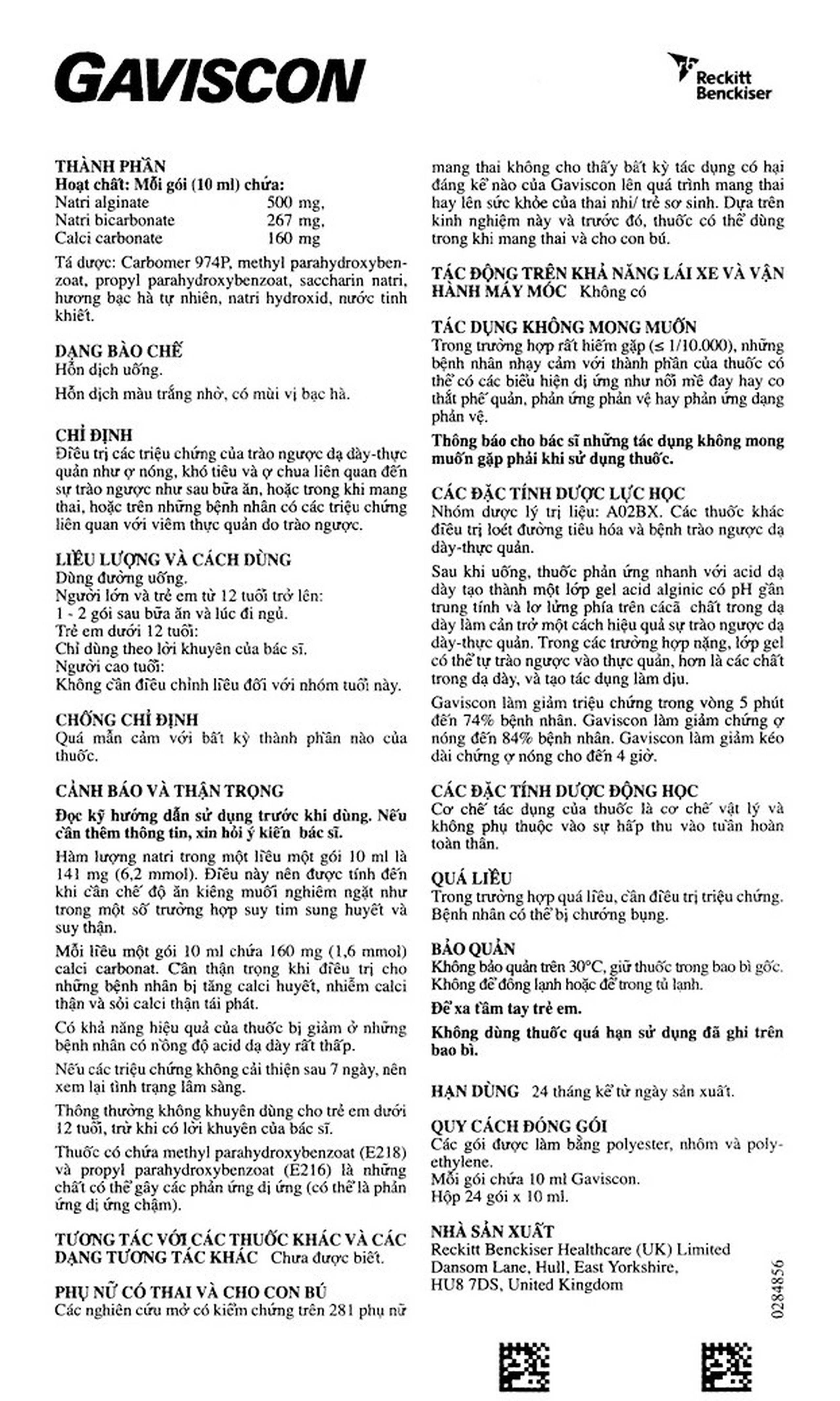 Hỗn dịch Gaviscon Reckitt Benckiser điều trị trào ngược dạ dày, thực quản (24 gói x 10ml)