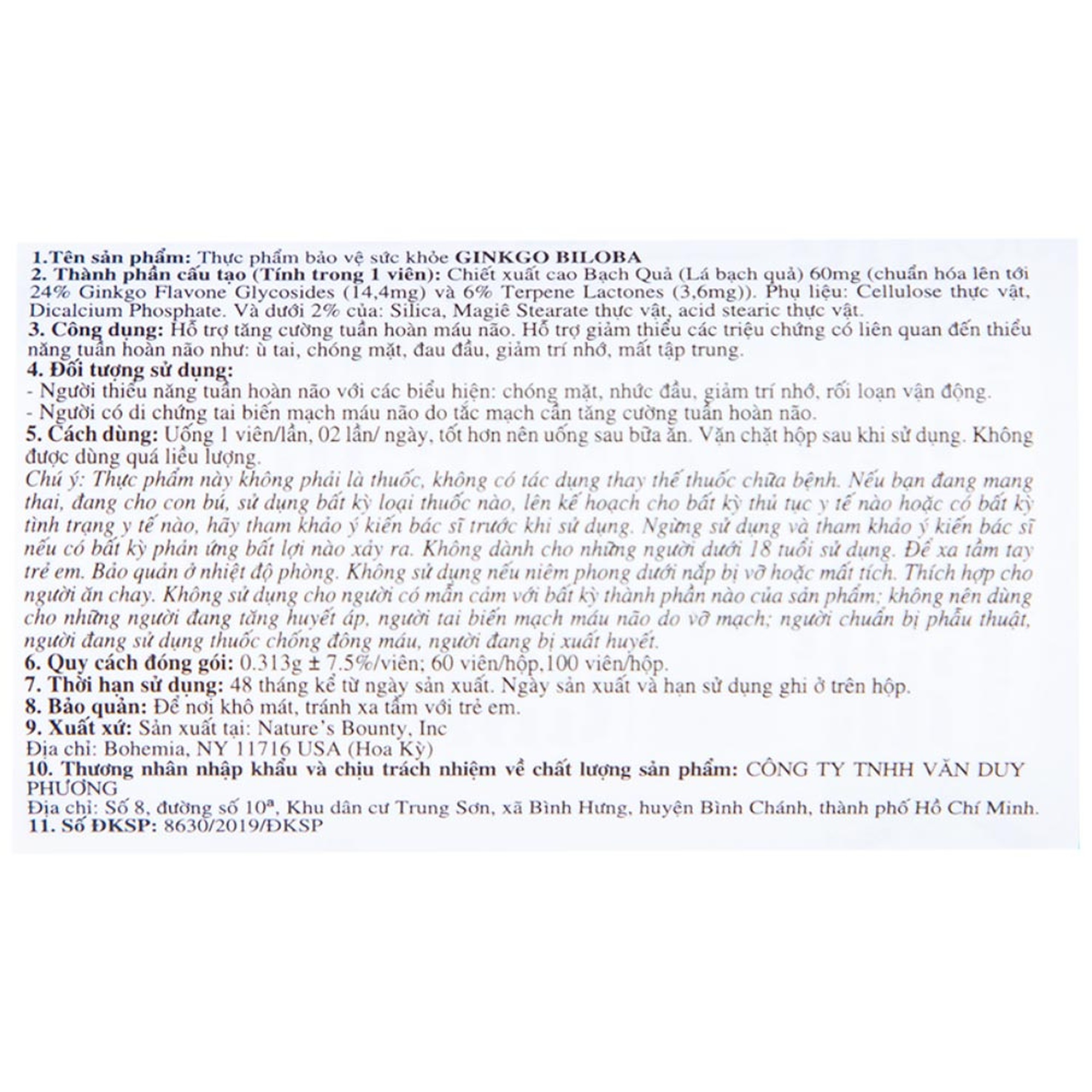 Viên uống Ginkgo Biloba 60mg Nature's Bounty hỗ trợ tăng cường tuần hoàn não (60 viên)