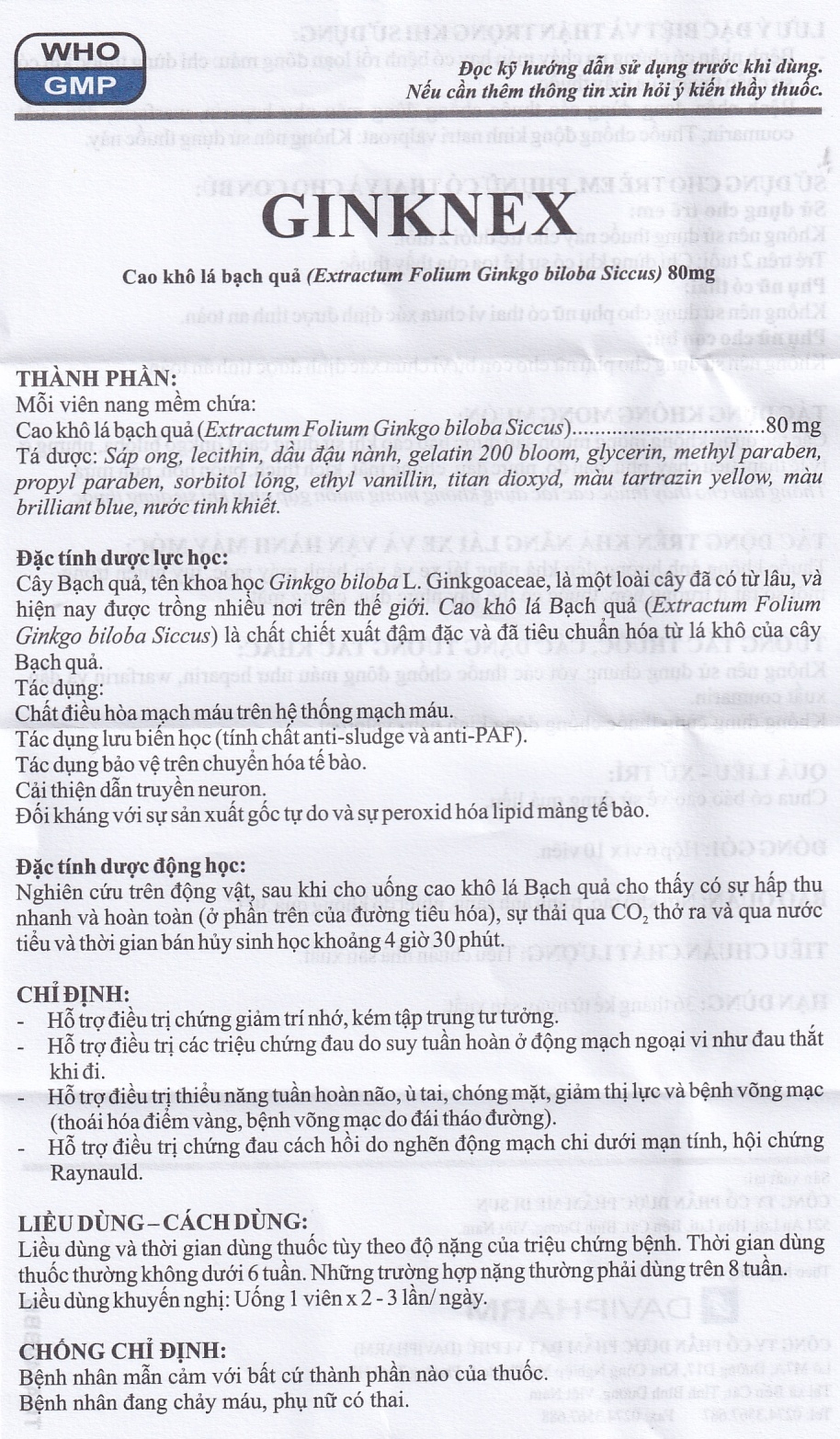 Thuốc Ginknex 80mg Davipharm hỗ trợ điều trị chứng giảm trí nhớ, kém tập trung tư tưởng (6 vỉ x 10 viên)