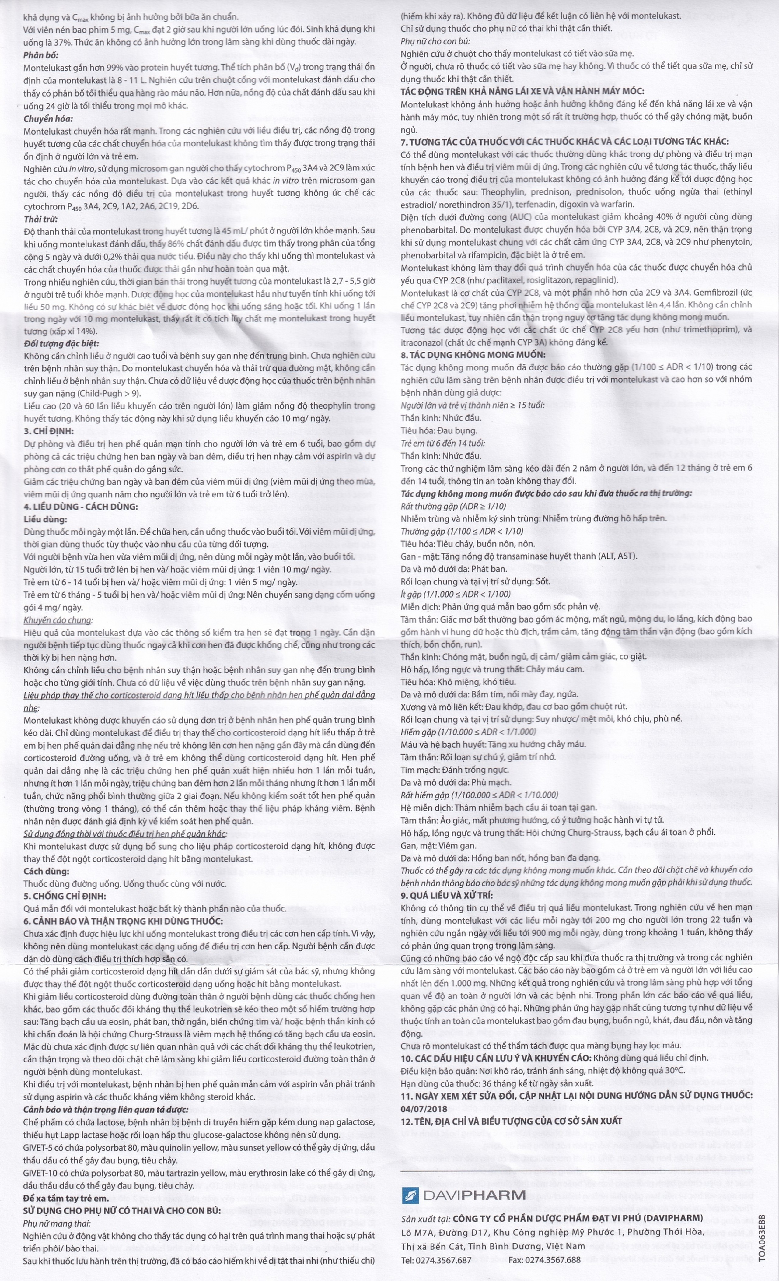 Thuốc Givet-10 Davipharm phòng và điều trị viêm phế quản mạn tính (4 vỉ x 7 viên)