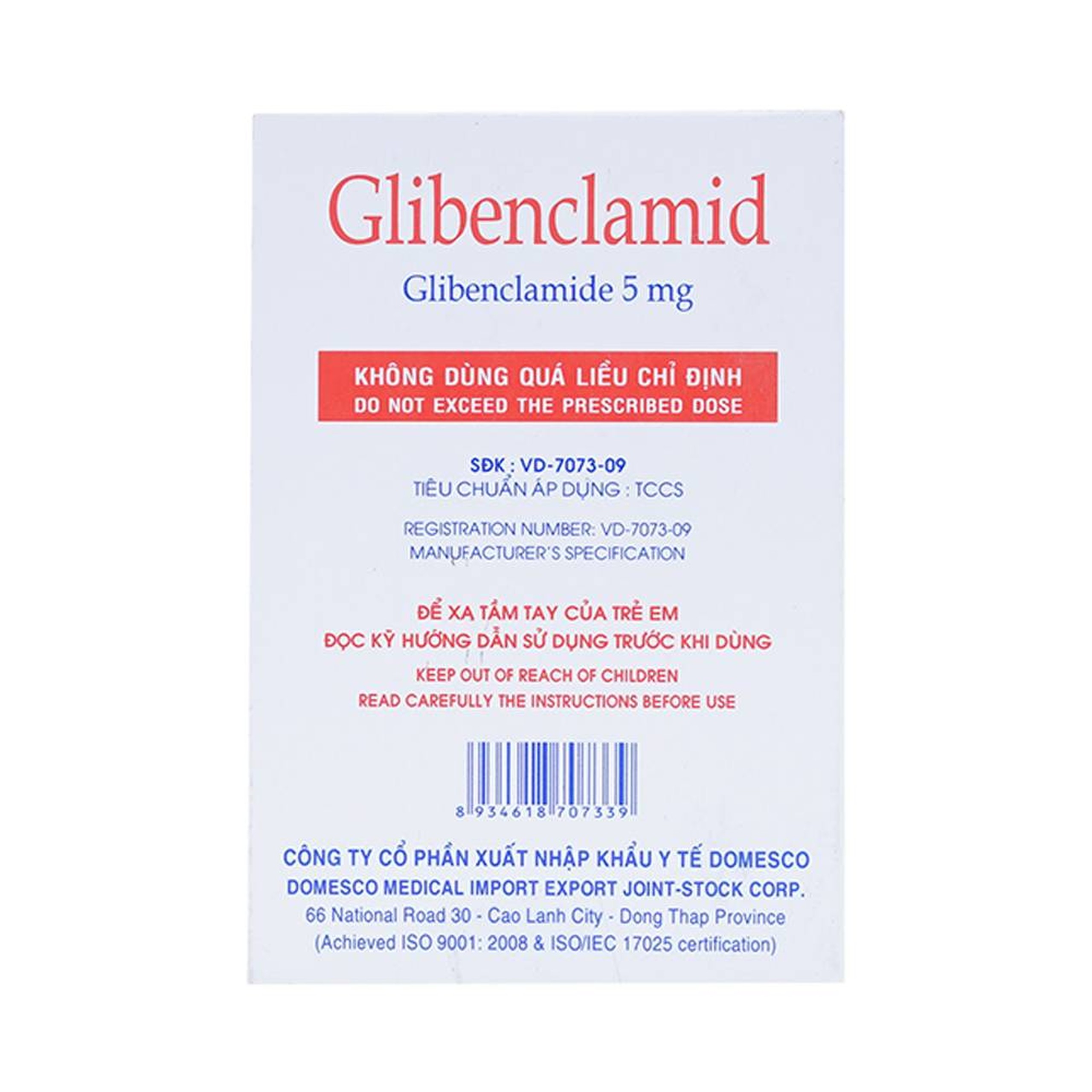 Thuốc Glibenclamid Domesco điều trị đái tháo đường không phụ thuộc insulin típ 2 (5 vỉ x 20 viên)