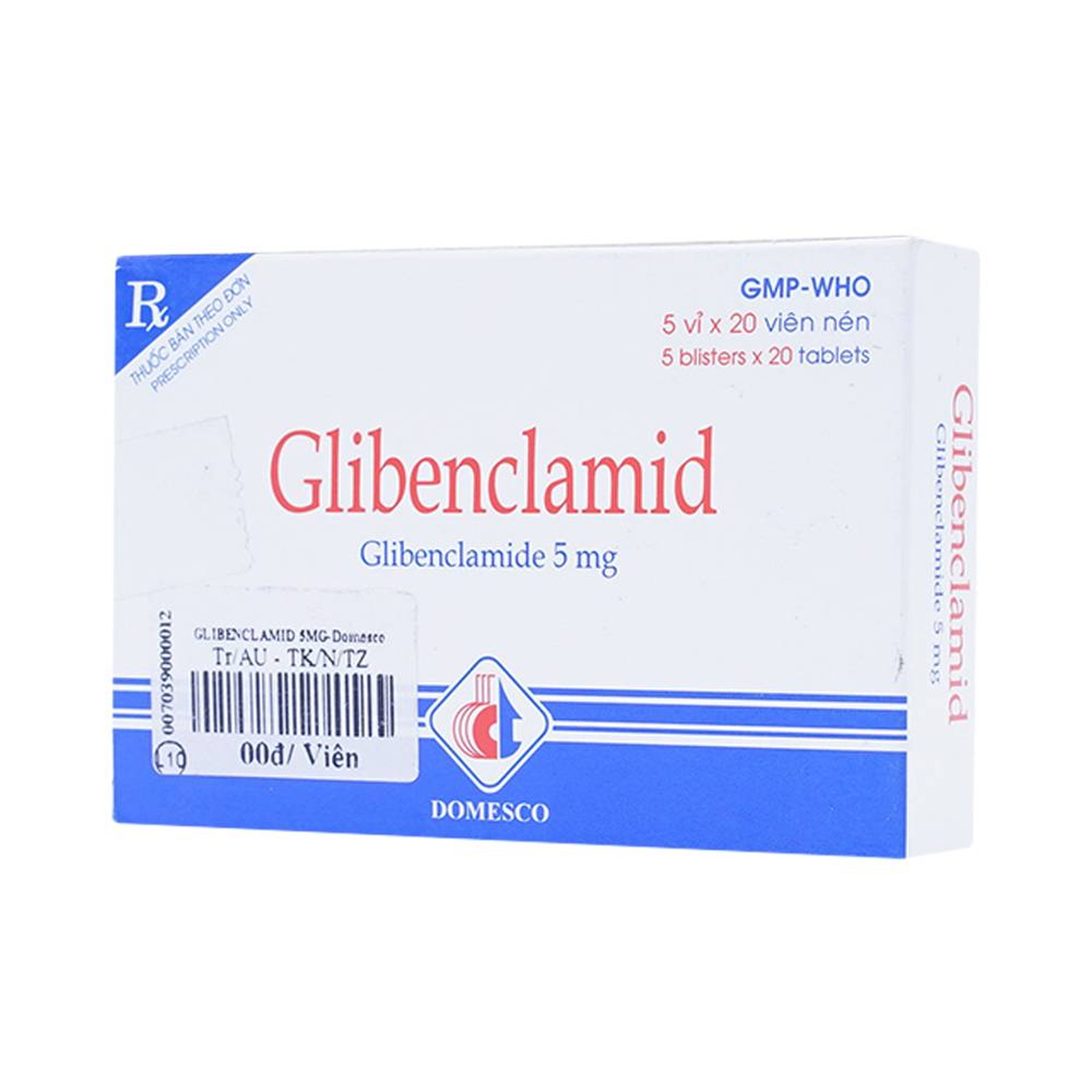 Thuốc Glibenclamid Domesco điều trị đái tháo đường không phụ thuộc insulin típ 2 (5 vỉ x 20 viên)