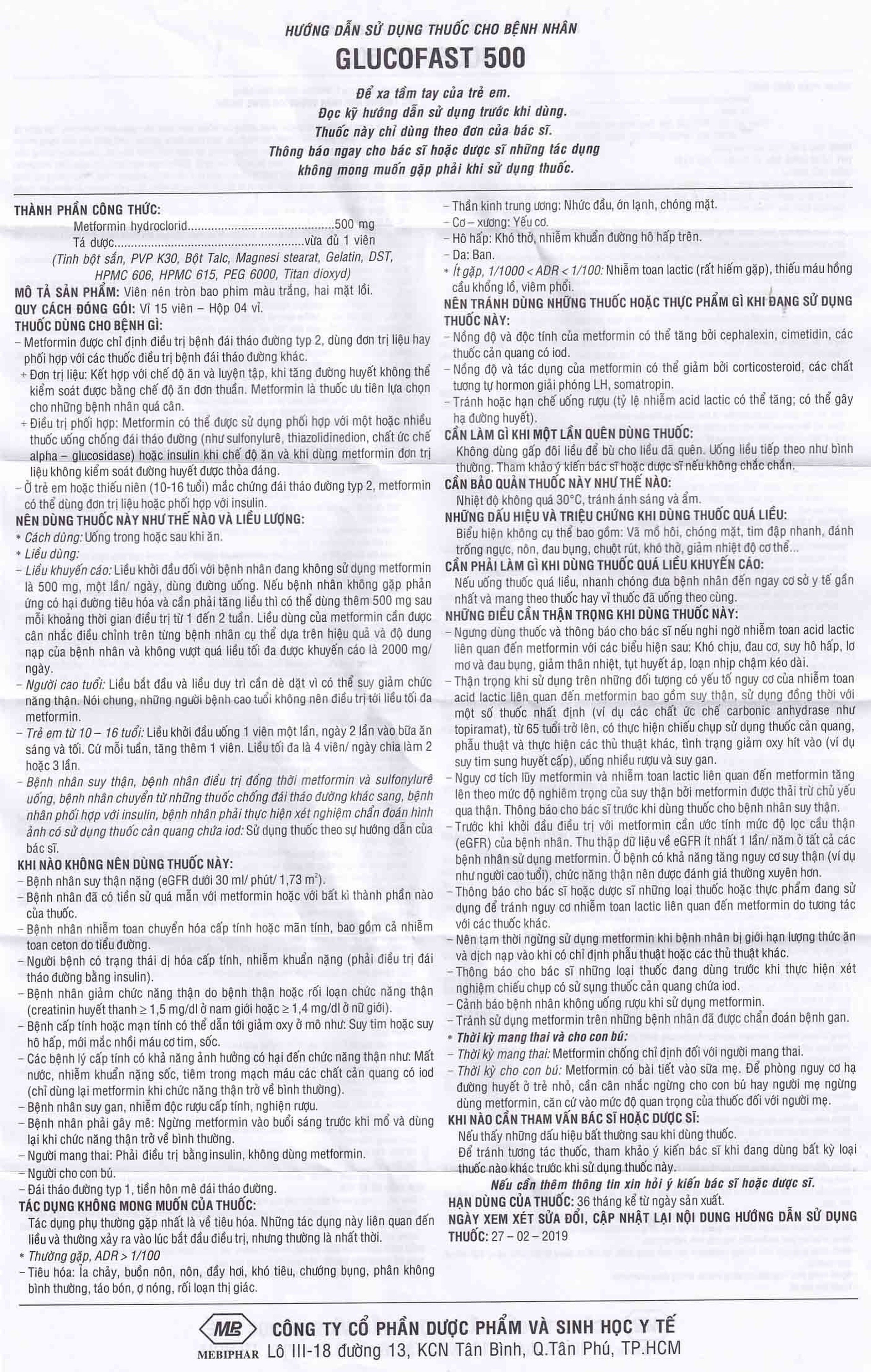 Thuốc Glucofast 500mg Mebiphar điều trị tiểu đường típ 2 (4 vỉ x 15 viên)