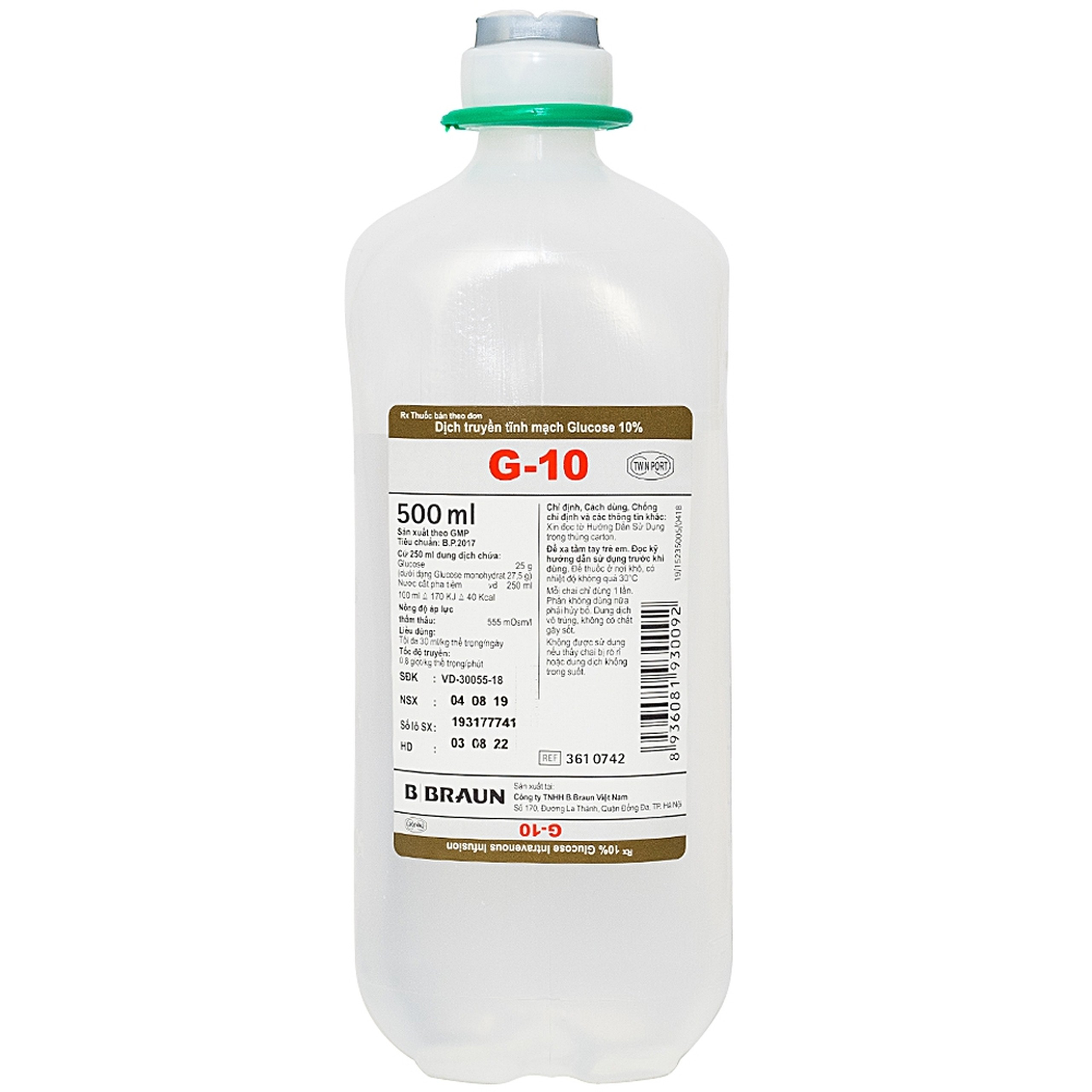 Dung dịch Glucose 10% Braun điều trị thiếu hụt hydrat carbon và dịch (10 chai x 500ml)