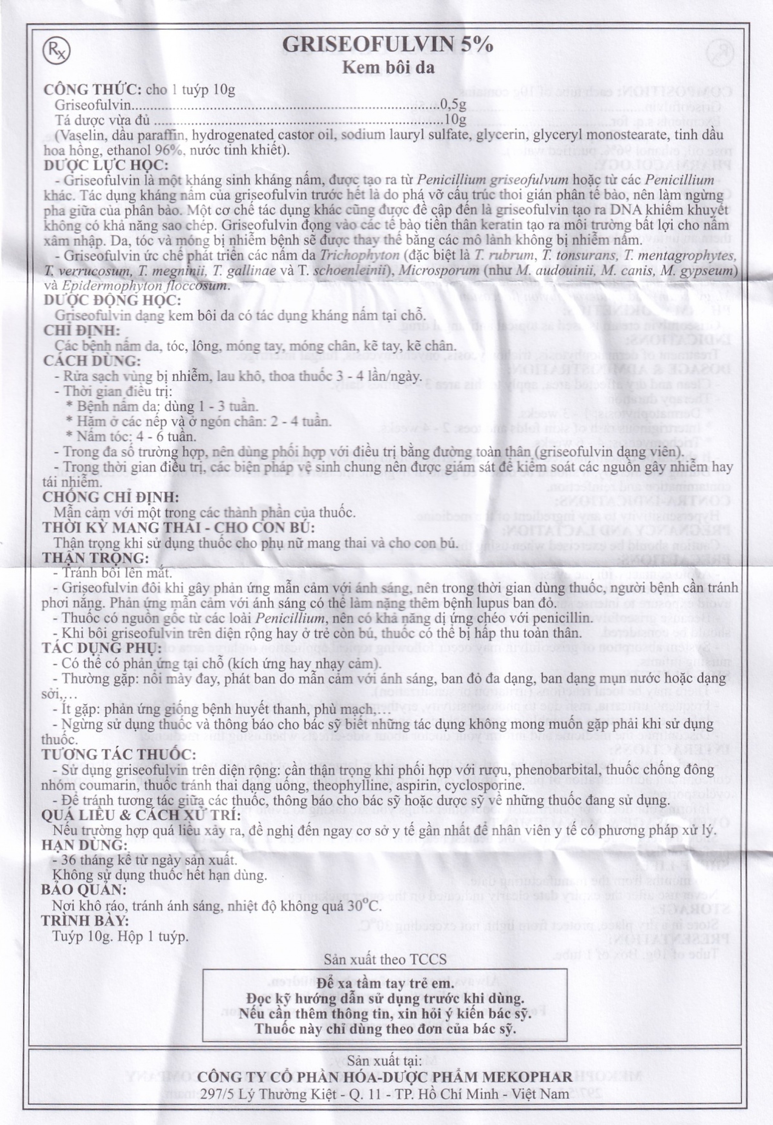 Kem bôi da Griseofulvin 5% Mekophar điều trị các bệnh nấm da, tóc, lông, móng tay, móng chân (10g)