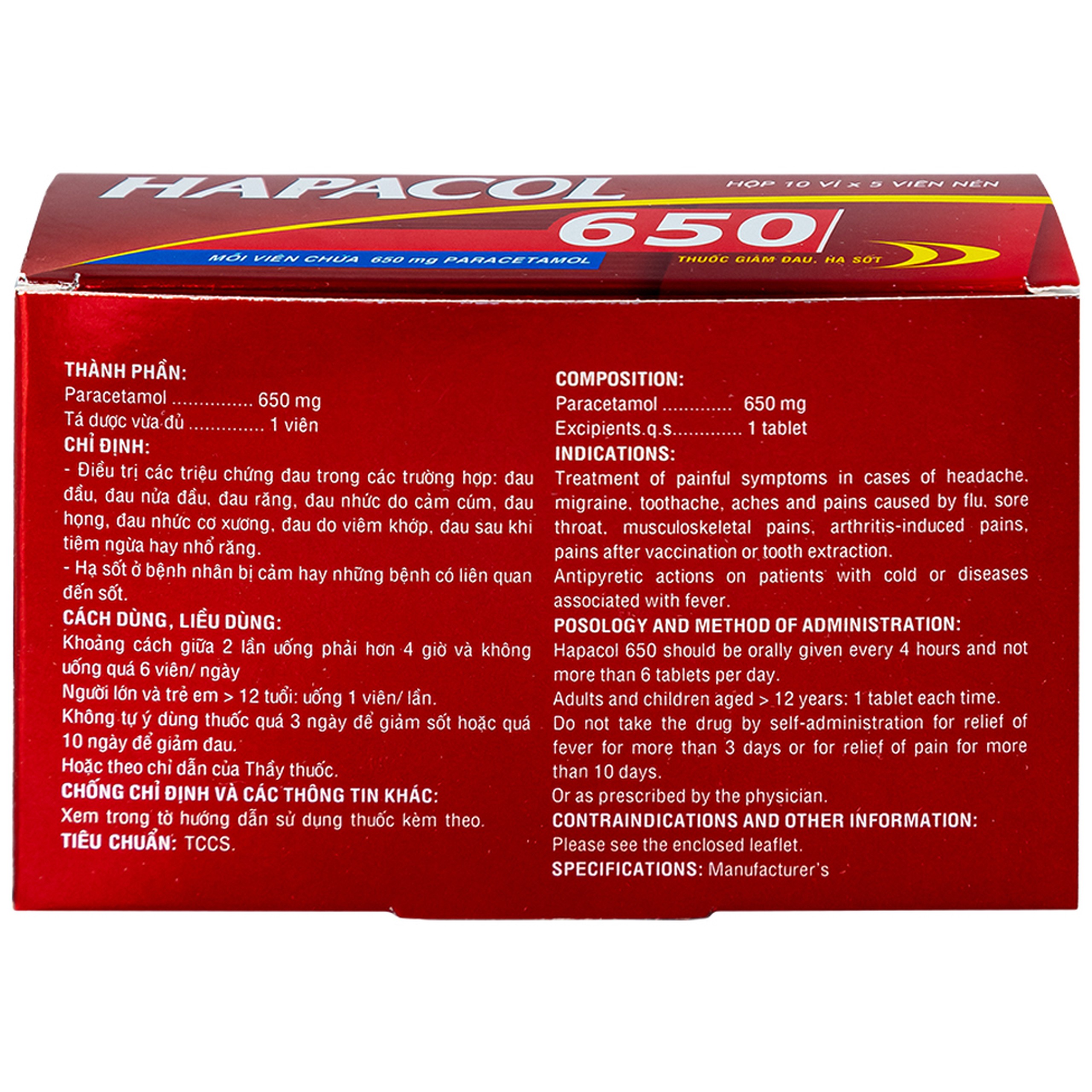 Thuốc Hapacol 650 DHG giảm đau, hạ sốt (10 vỉ x 5 viên)