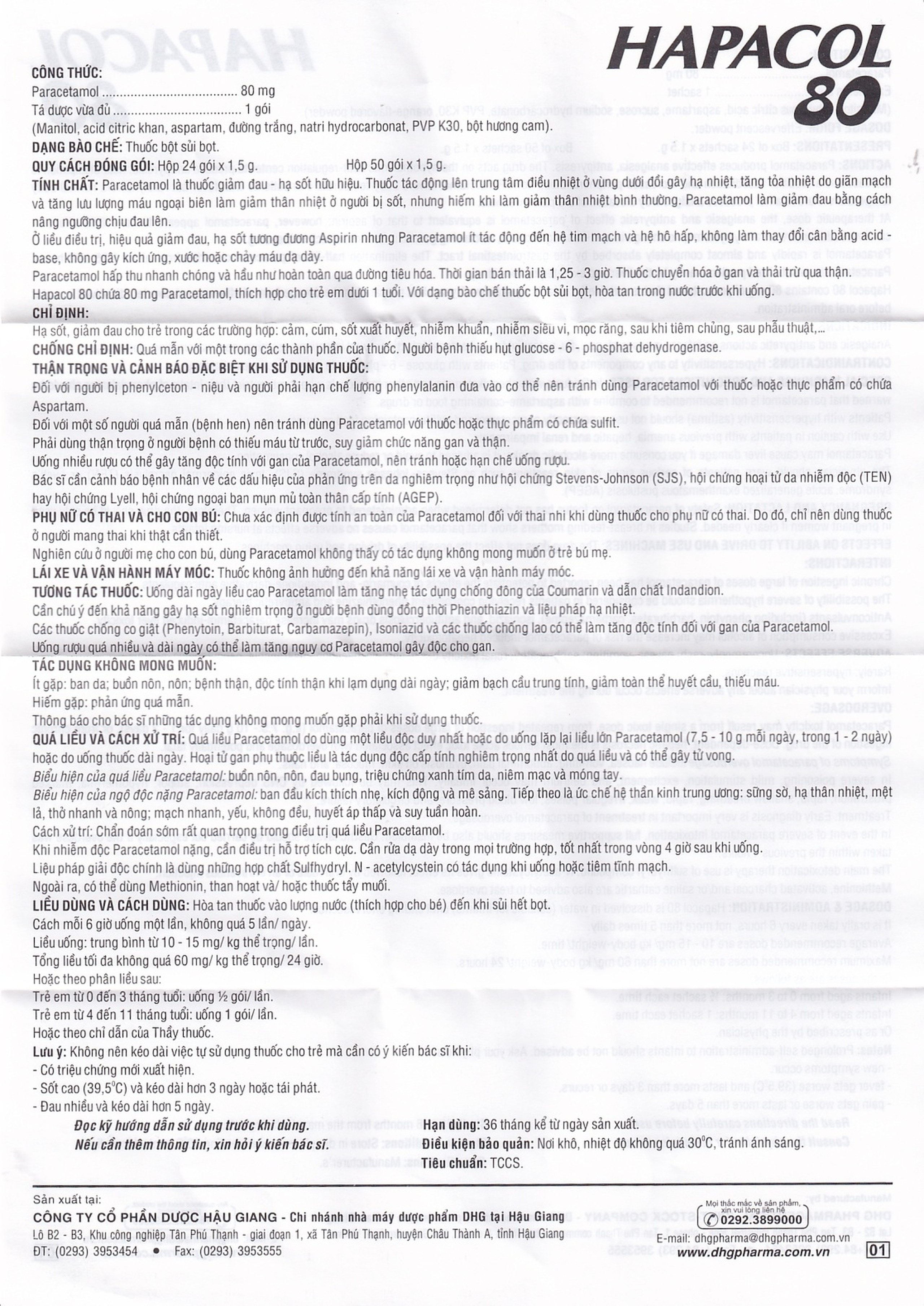 Bột Hapacol 80 DHG giảm đau, hạ sốt (24 gói)