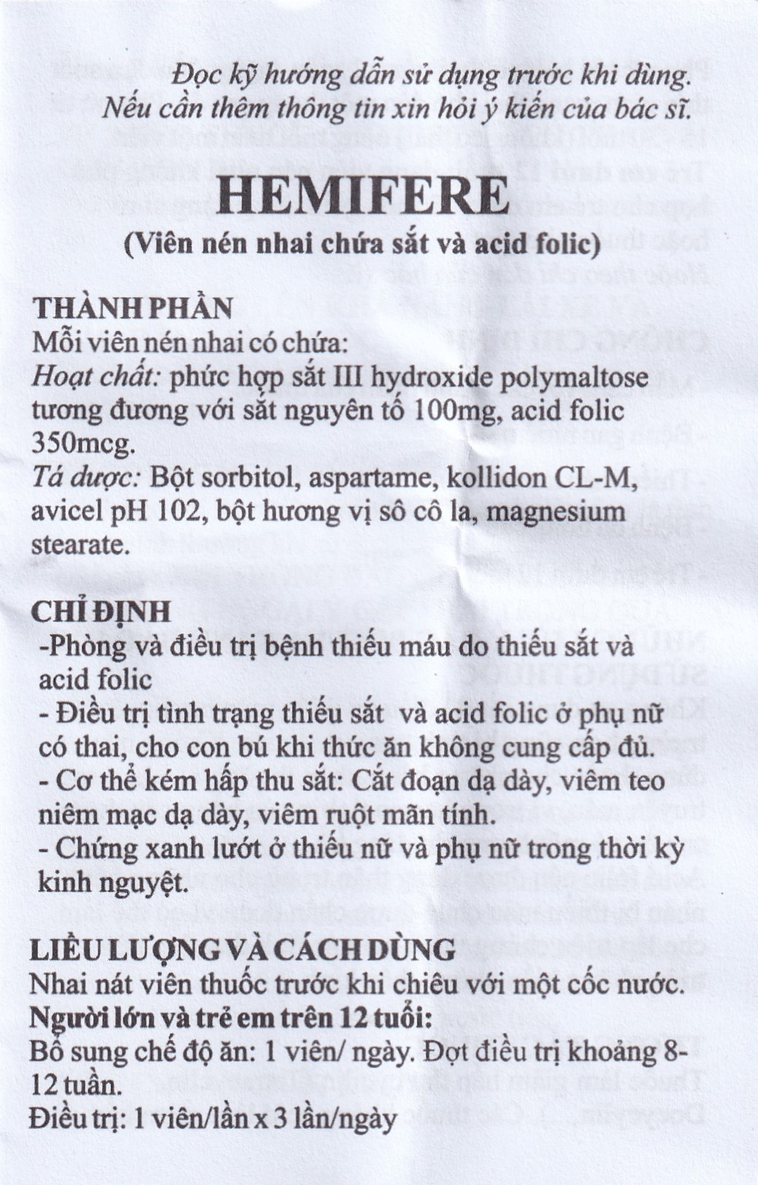 Viên nhai Hemifere 100mg phòng và điều trị bệnh thiếu máu do thiếu sắt và acid folic (3 vỉ x 10 viên)