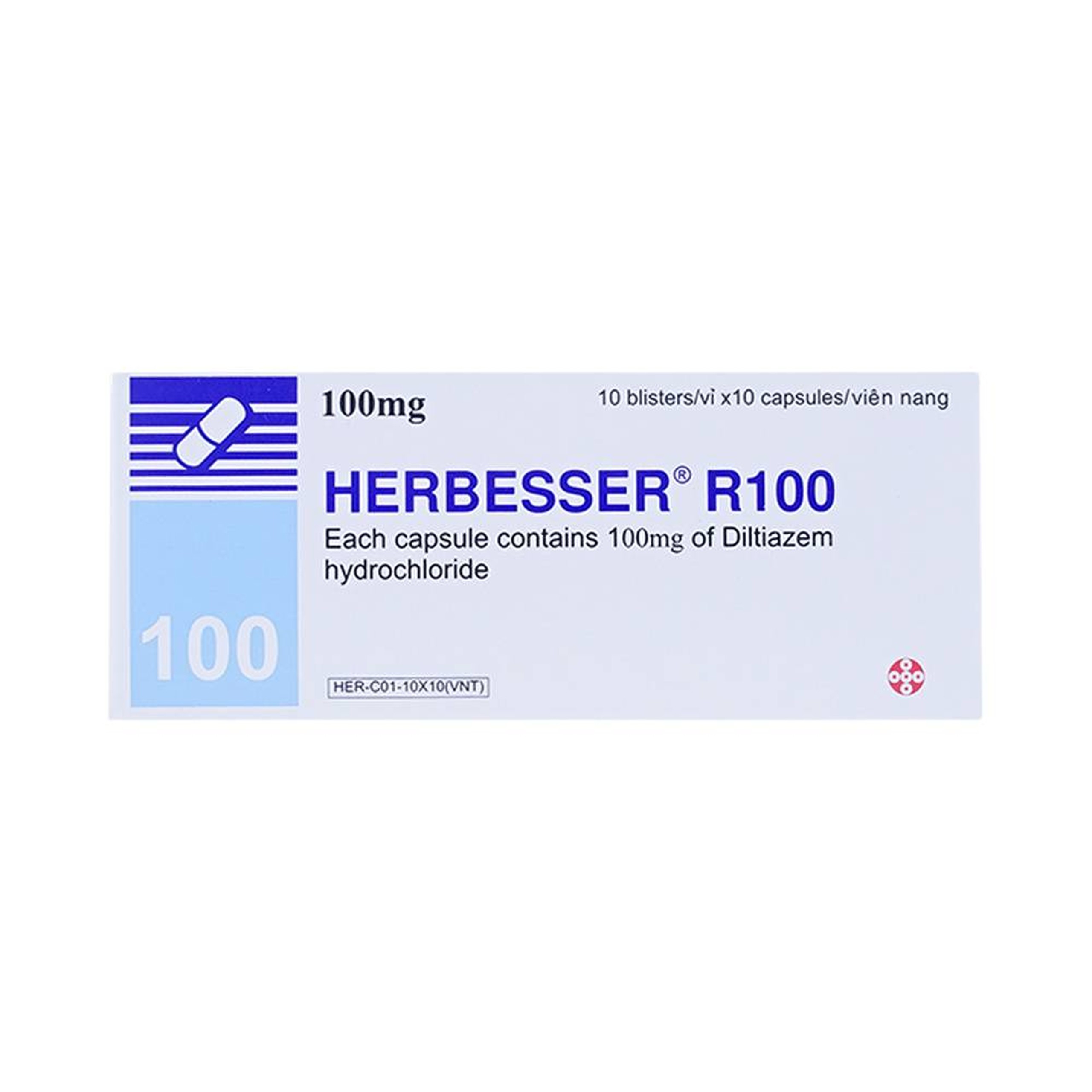 Thuốc Herbesser R100 điều trị tăng huyết áp vô căn, đau thắt ngực ổn định (10 vỉ x 10 viên)