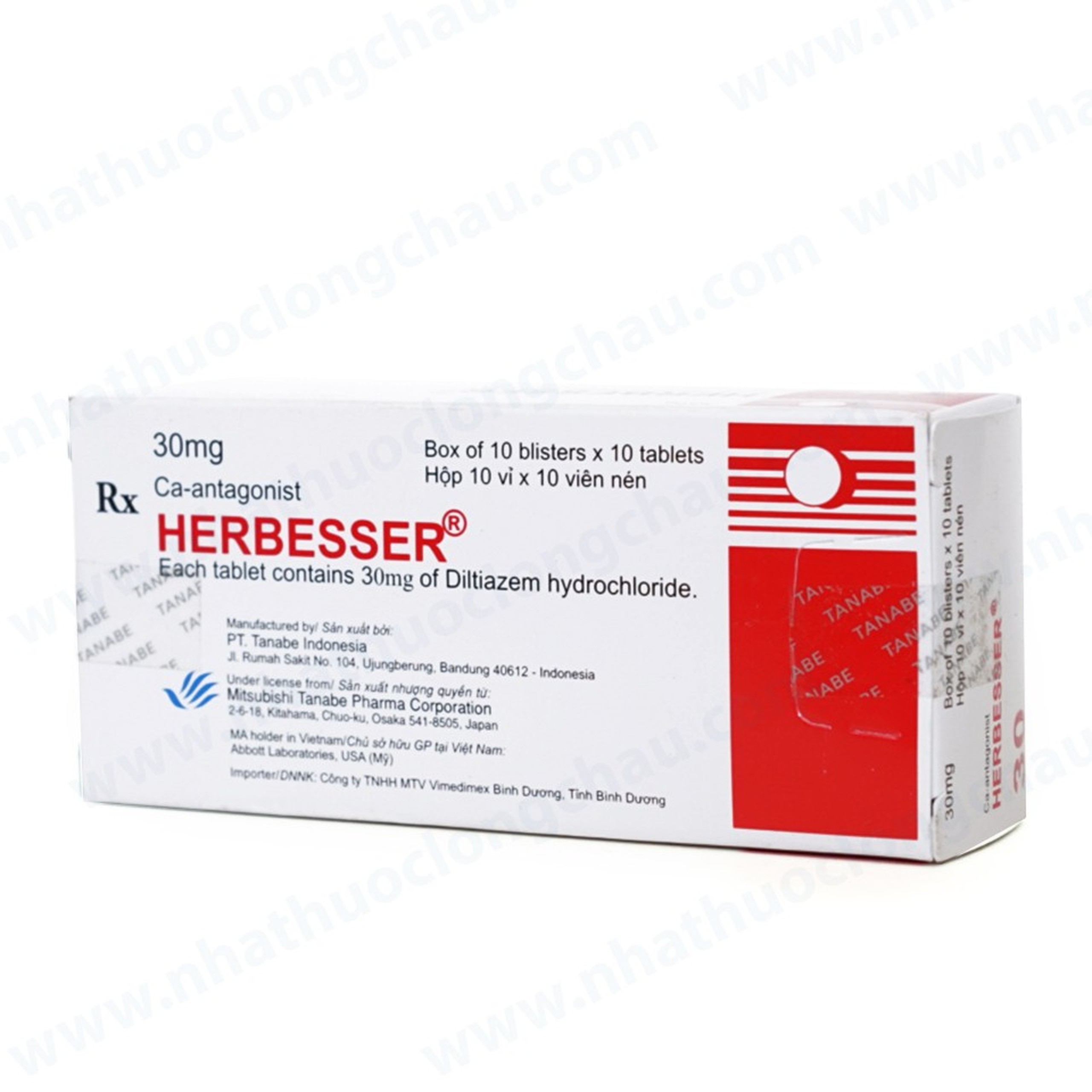 Thuốc Herbesser 30mg điều trị cao huyết áp vô căn, đau thắt ngực (10 vỉ x 10 viên)