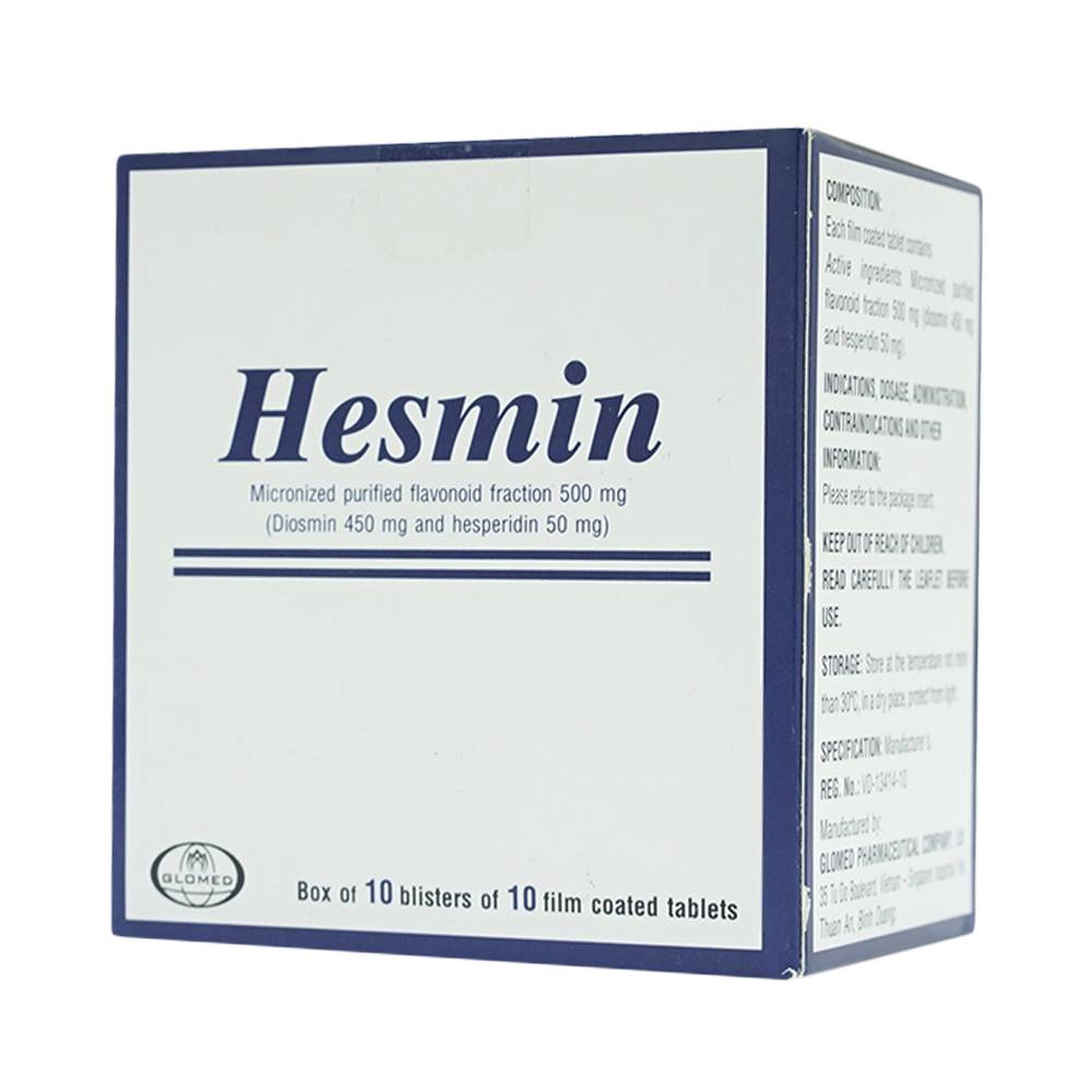 Thuốc Hesmin 500mg Glomed điều trị các triệu chứng và dấu hiệu của suy tĩnh mạch và bệnh trĩ (10 vỉ x 10 viên)