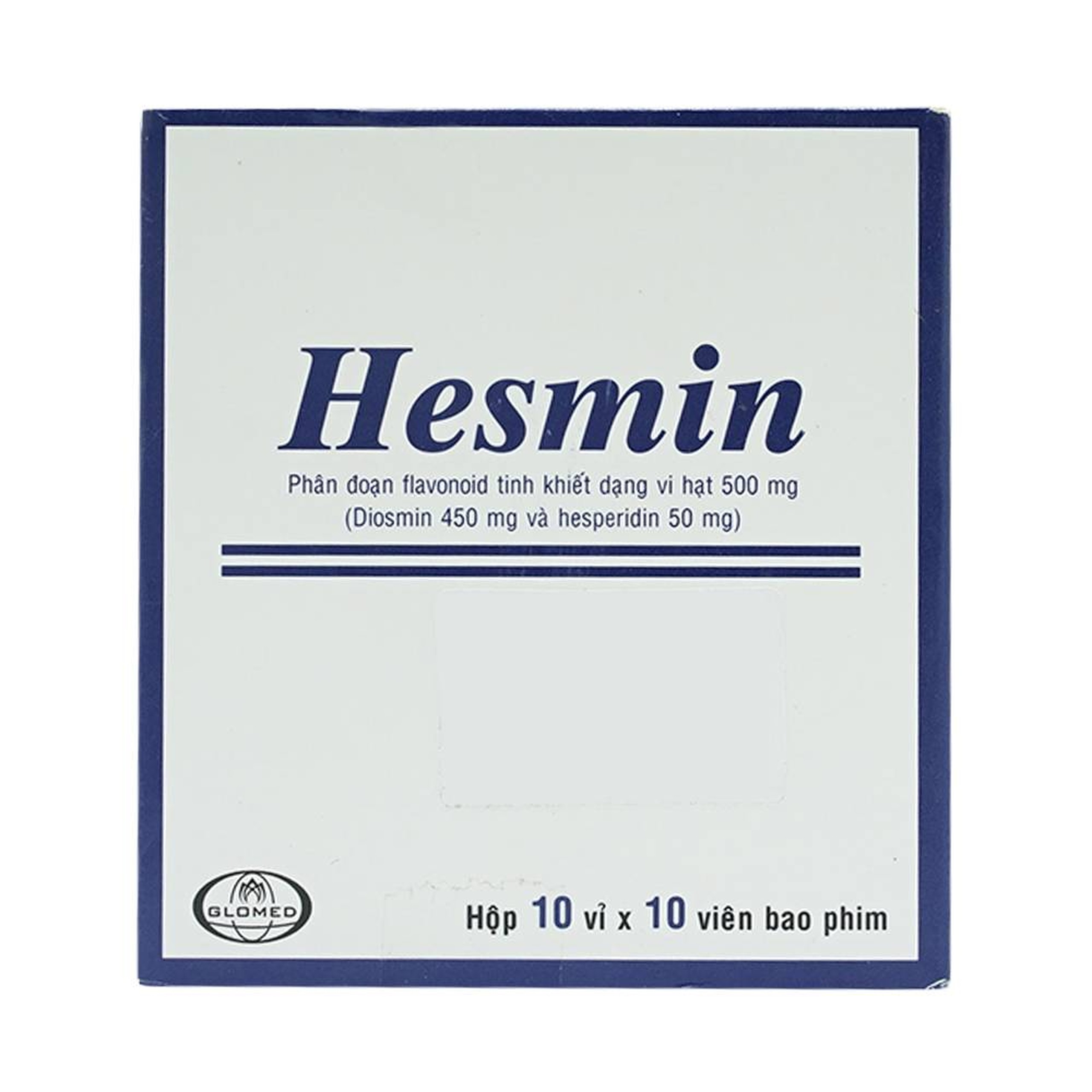 Thuốc Hesmin 500mg Glomed điều trị các triệu chứng và dấu hiệu của suy tĩnh mạch và bệnh trĩ (10 vỉ x 10 viên)