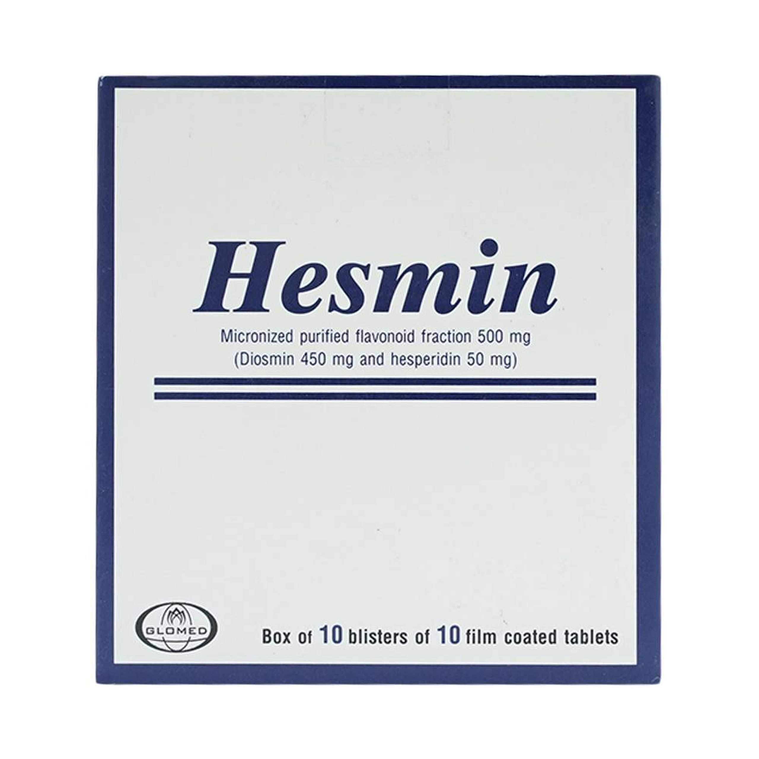 Thuốc Hesmin 500mg Glomed điều trị các triệu chứng và dấu hiệu của suy tĩnh mạch và bệnh trĩ (10 vỉ x 10 viên)