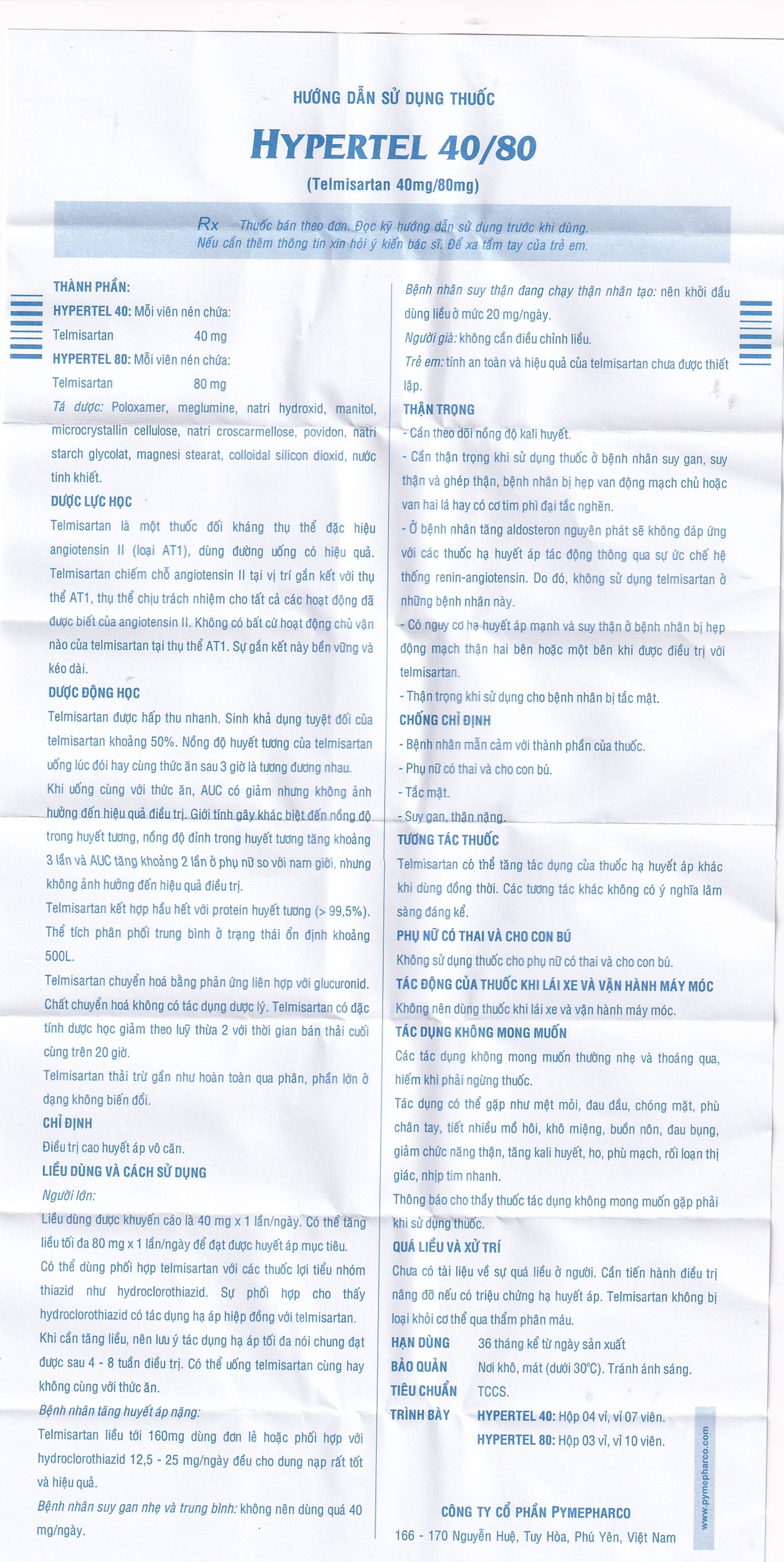 Thuốc Hypertel 40mg Pymepharco điều trị cao huyết áp vô căn (4 vỉ x 7 viên) 