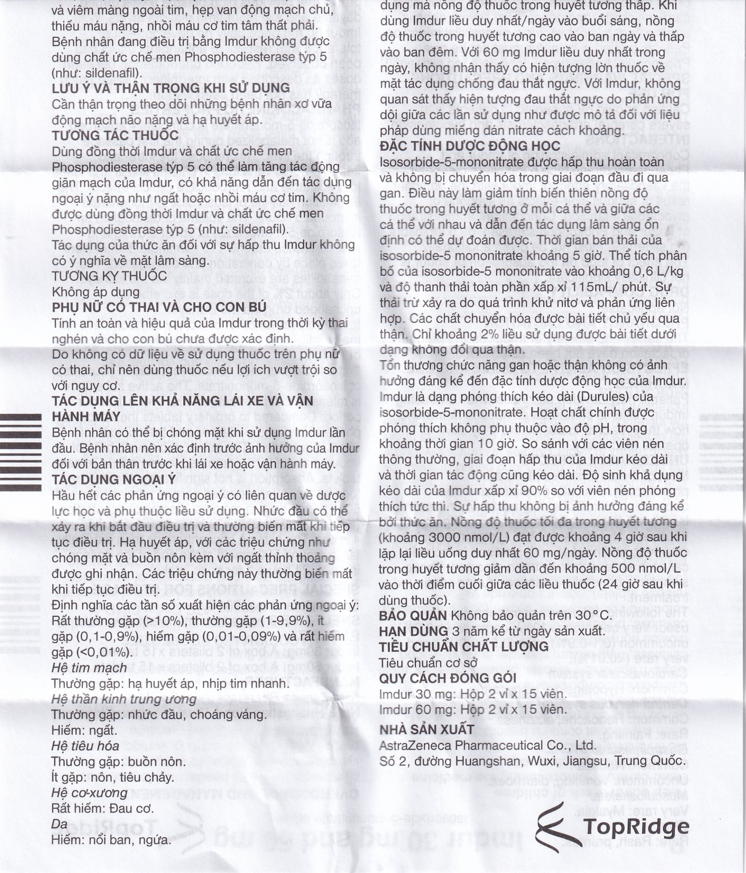 Thuốc Imdur 60mg AstraZeneca điều trị dự phòng đau thắt ngực (2 vỉ x 15 viên)