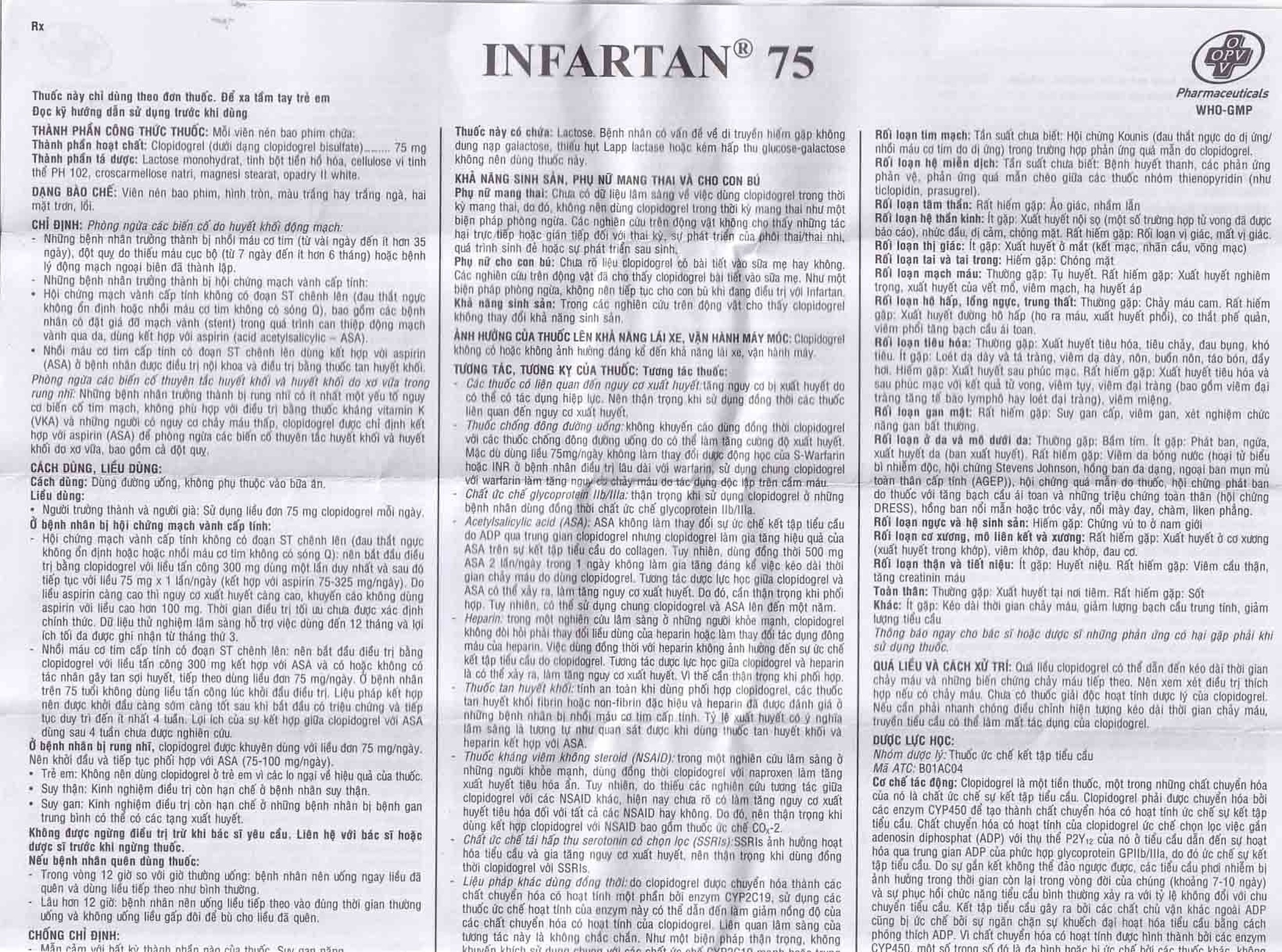 Thuốc Infartan 75 OPV phòng ngừa các biến cố do huyết khối động mạch (3 vỉ x 10 viên)