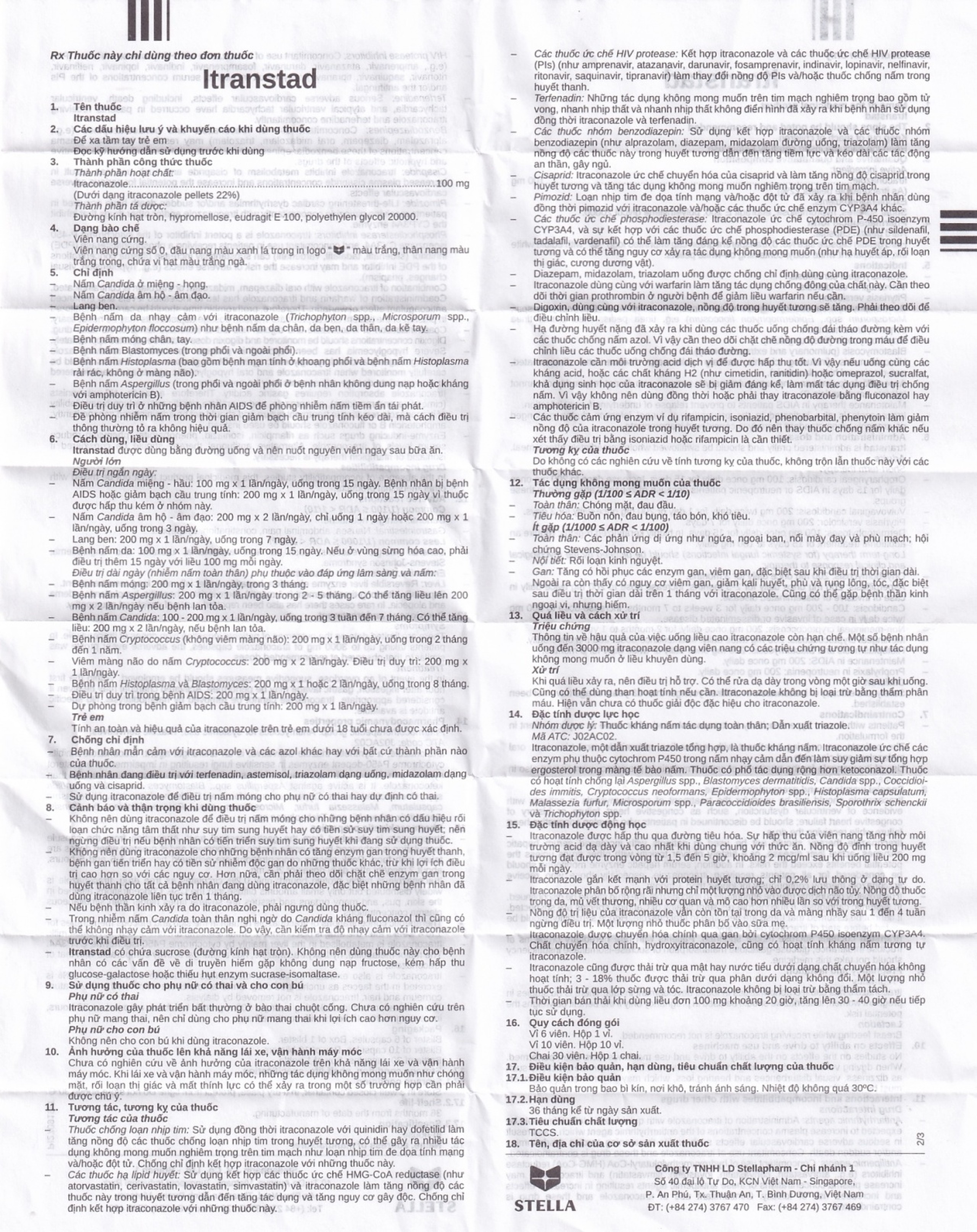 Thuốc Itranstad 100mg Stella điều trị nấm Candida ở miệng, họng, âm đạo, âm hộ (1 vỉ x 6 viên)