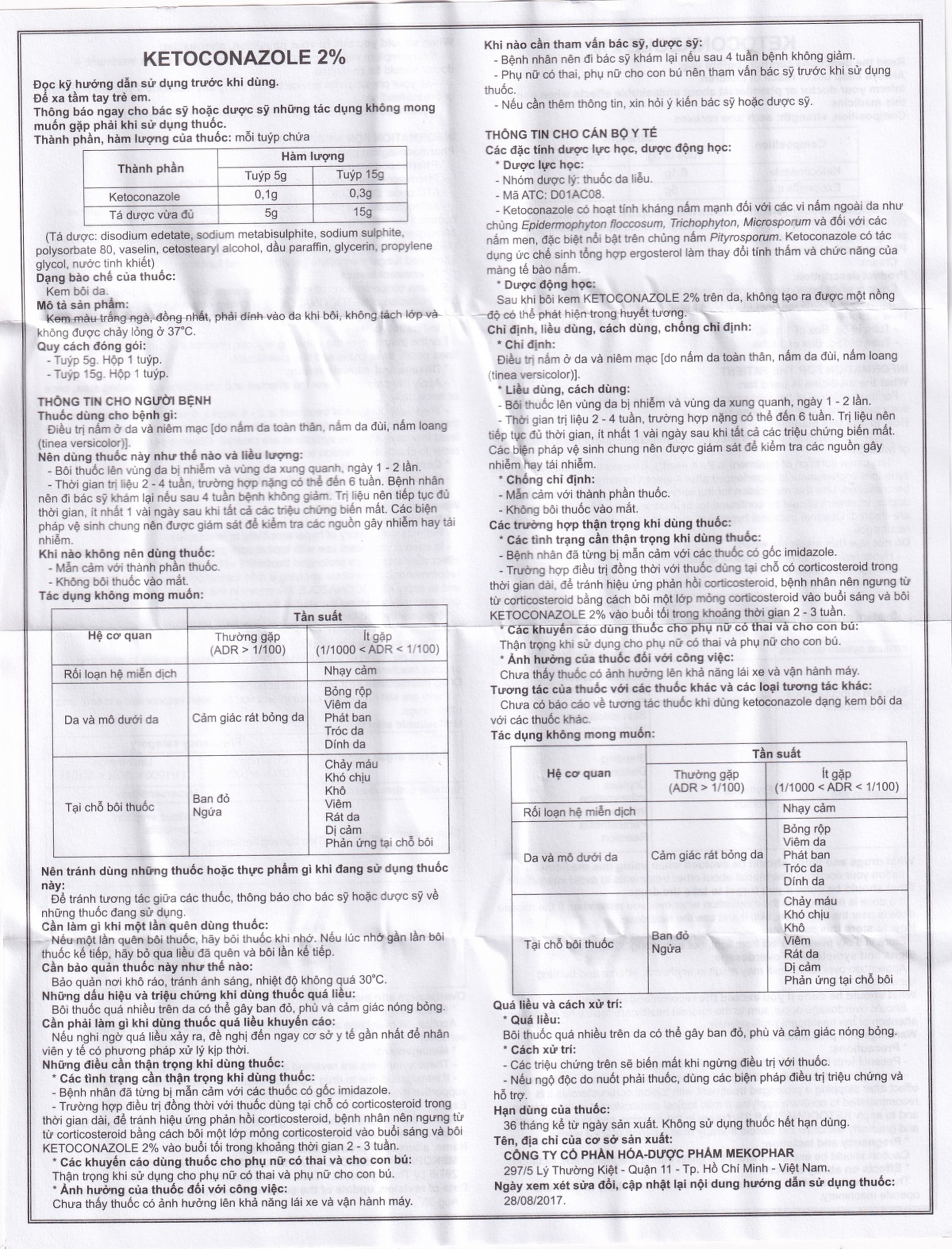 Kem bôi da Ketoconazole 2% Mekophar điều trị nấm ở da và niêm mạc (5g) 